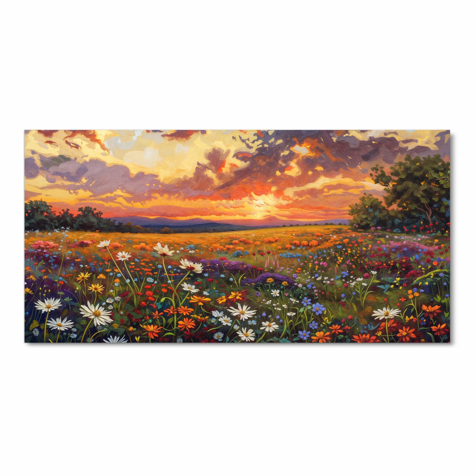 Komfortabler Küchenläufer mit Motiv Blumenwiese Sonnenuntergang in Frontansicht für angenehmes Stehen