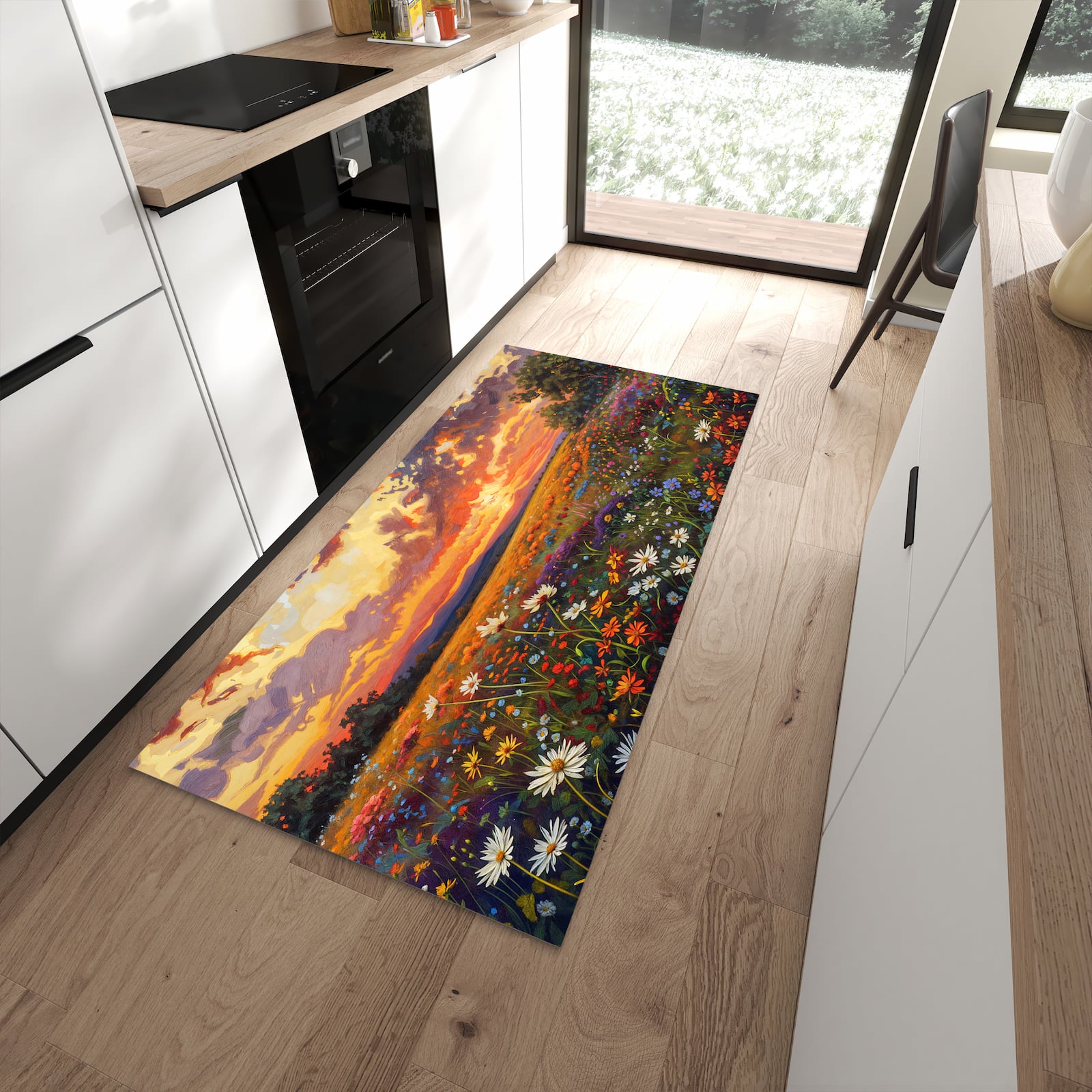 Ordnungsschaffender Küchenläufer mit Motiv Blumenwiese Sonnenuntergang in moderner Küche