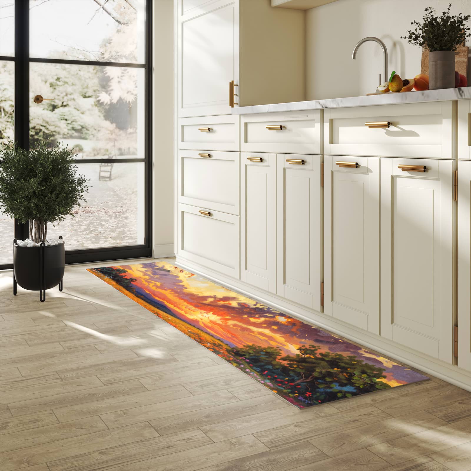 Wasserabweisender Küchenläufer mit Motiv Blumenwiese Sonnenuntergang in heller Küche