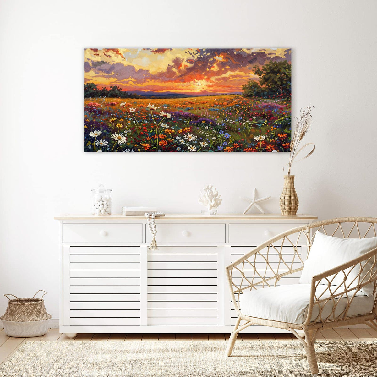 Echtglas, 4 mm – kein Acryl, keine Folie – Wandbild - Wildblumen im Abendrot - Querformat
