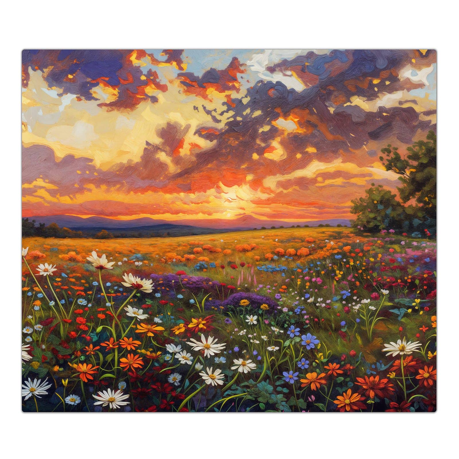 1-teilige Kochfeldabdeckung mit Blumenwiese Sonnenuntergang-Motiv in der Frontansicht #grösse_1-Teilig (60x52cm)
