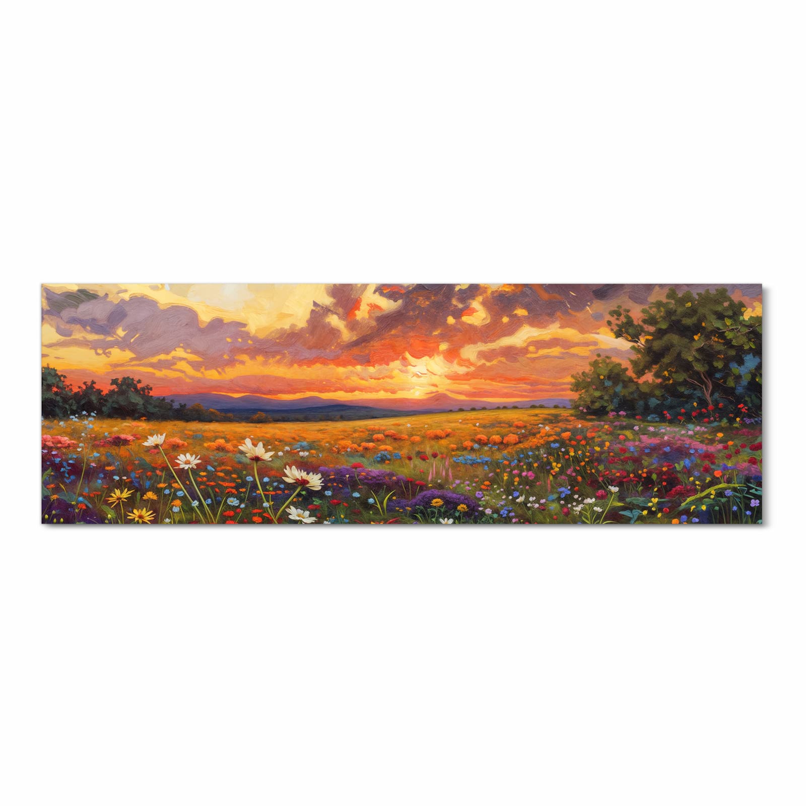 Fleckenresistenter Küchenteppich mit Motiv Blumenwiese Sonnenuntergang in Frontansicht