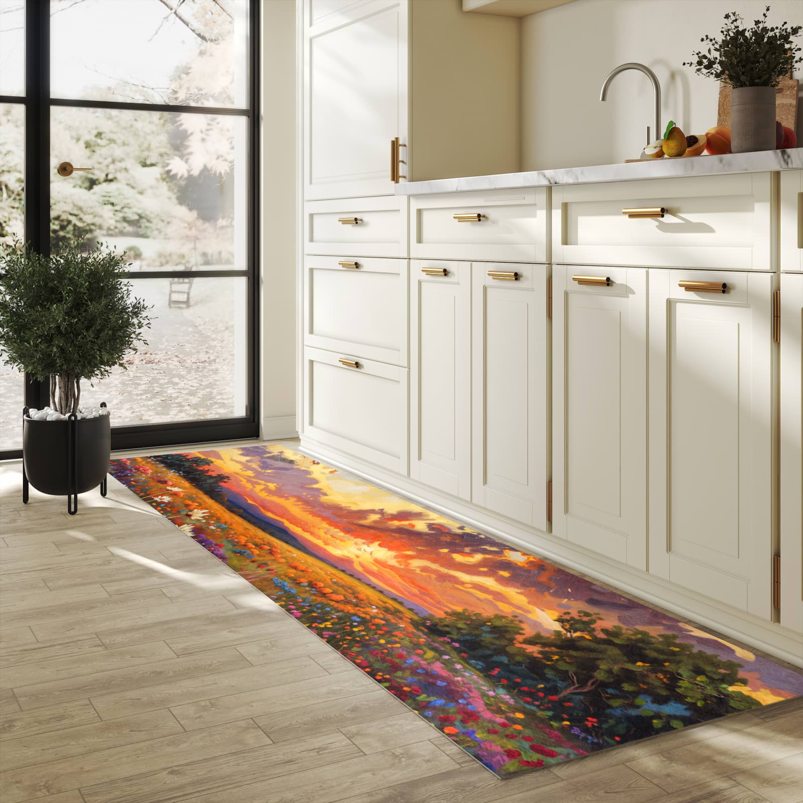 Pflegeleichter moderner Küchenläufer mit Motiv Blumenwiese Sonnenuntergang in heller Küche