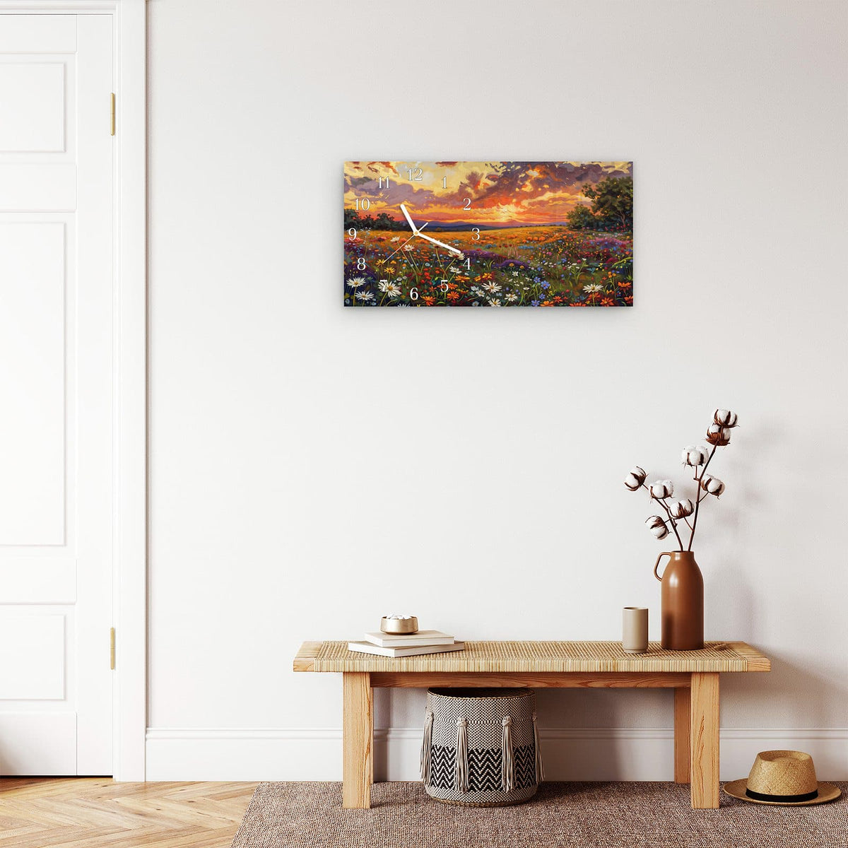Moderne Wanduhr aus Glas mit Farbtiefe – Wanduhr Blumenwiese Sonnenuntergang aus Glas – Querformat 60 × 30 cm