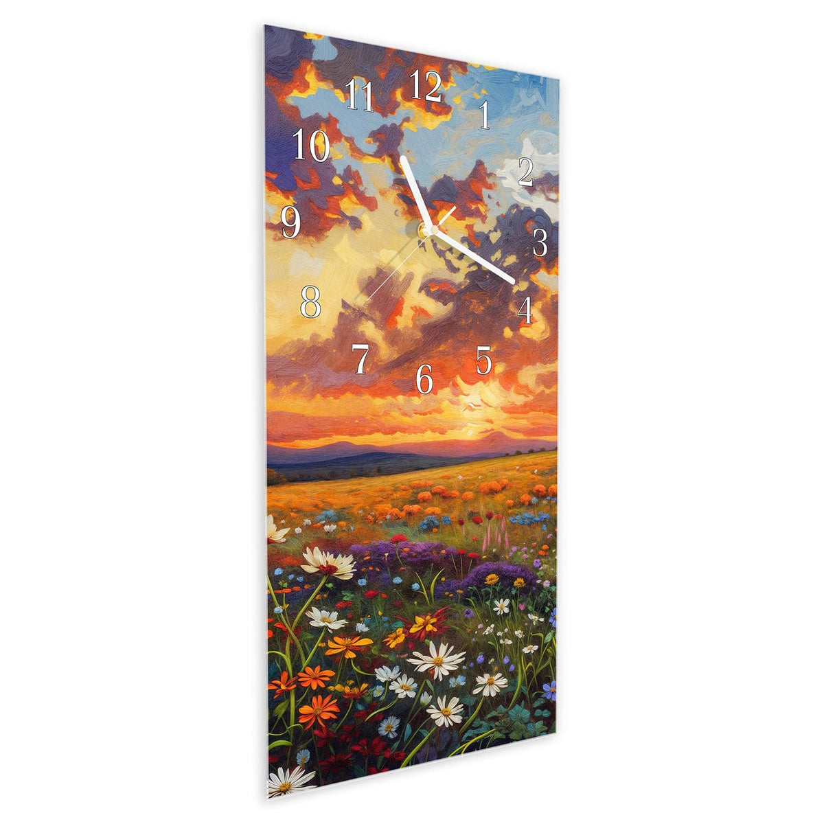 Vormontiert – mit Schwebeeffekt – Wanduhr Blumenwiese Sonnenuntergang aus Glas – Hochformat 30 × 60 cm