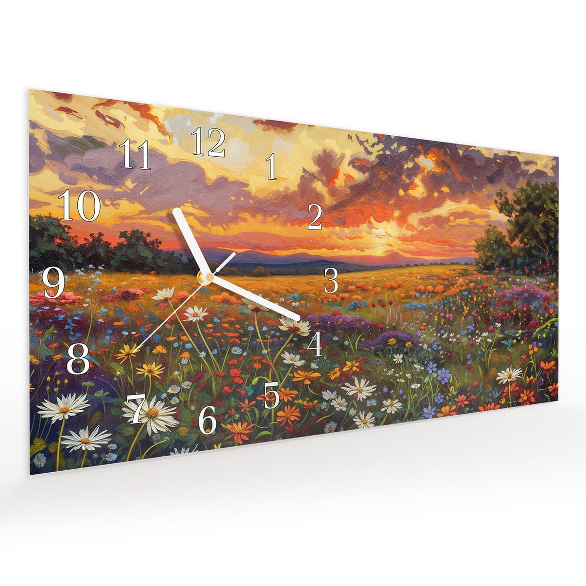 Vormontiert – mit Schwebeeffekt – Wanduhr Blumenwiese Sonnenuntergang aus Glas – Querformat 60 × 30 cm