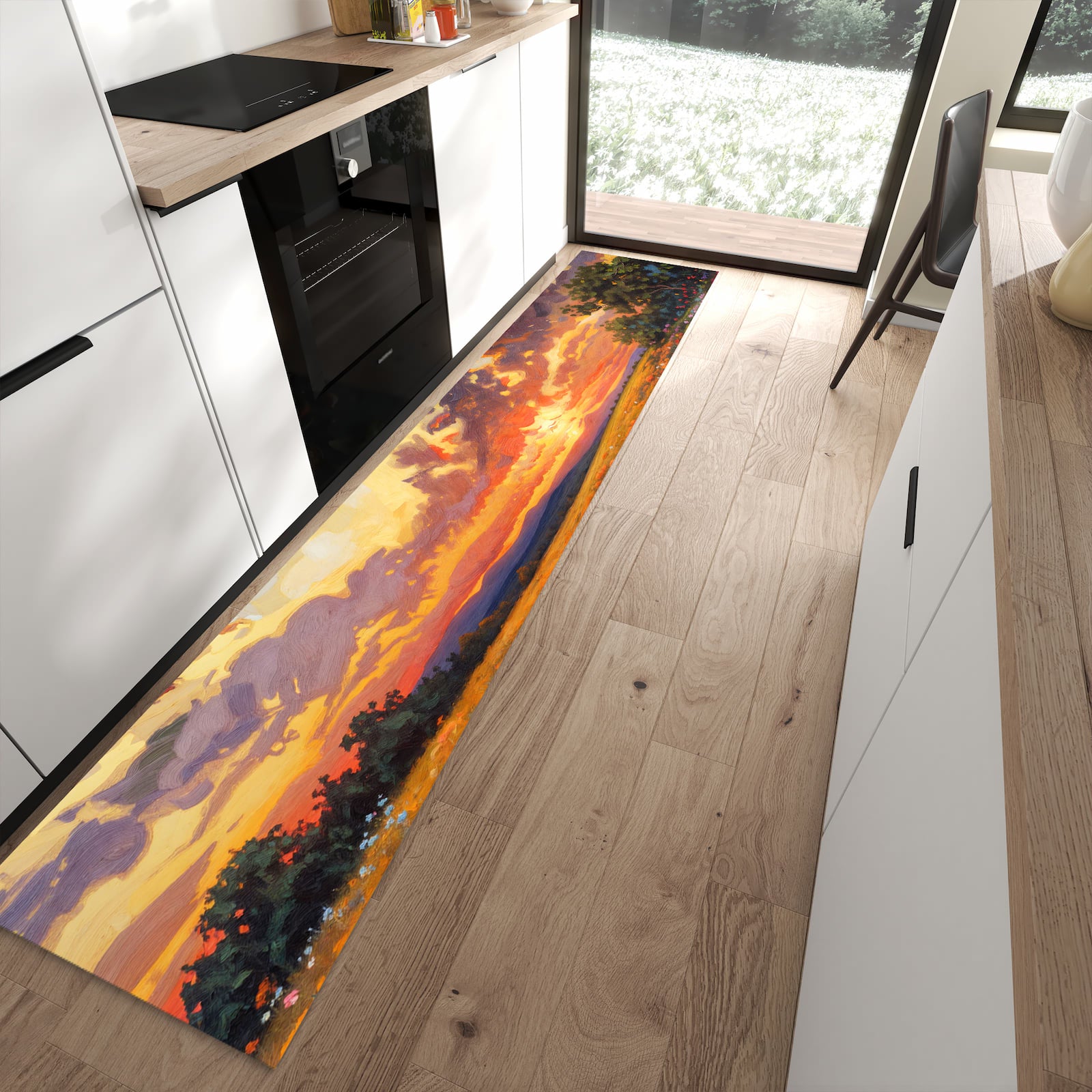 Strapazierfähiger Küchenläufer mit Motiv Blumenwiese Sonnenuntergang in moderner Küche