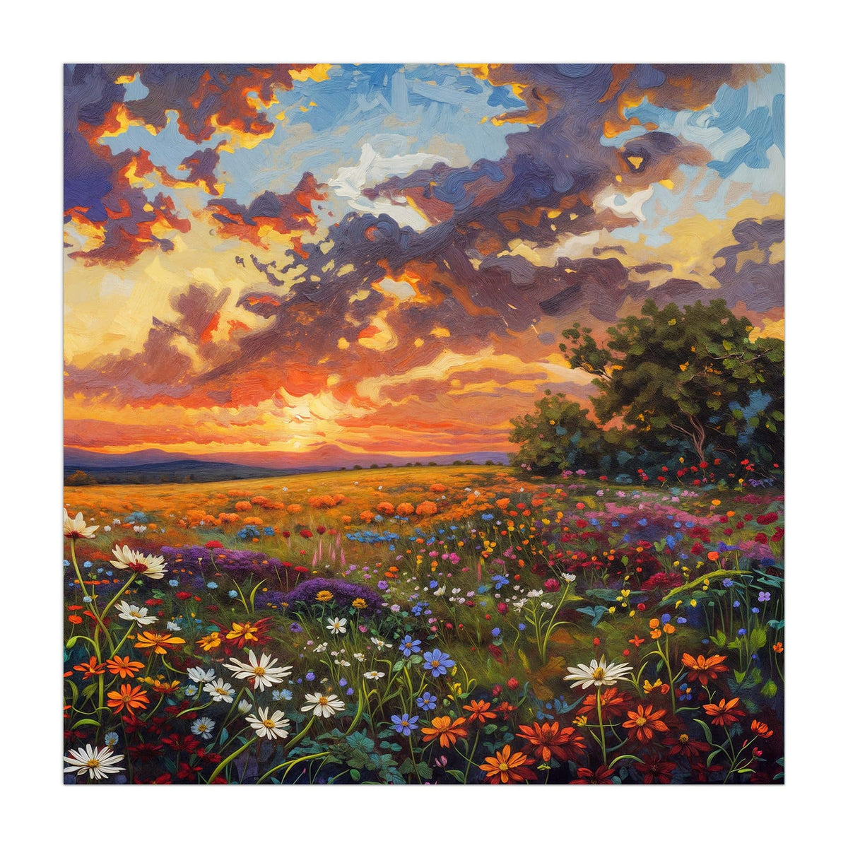 Gemalte Wildblumenwiese unter dramatischem Abendhimmel mit orangen Wolken.