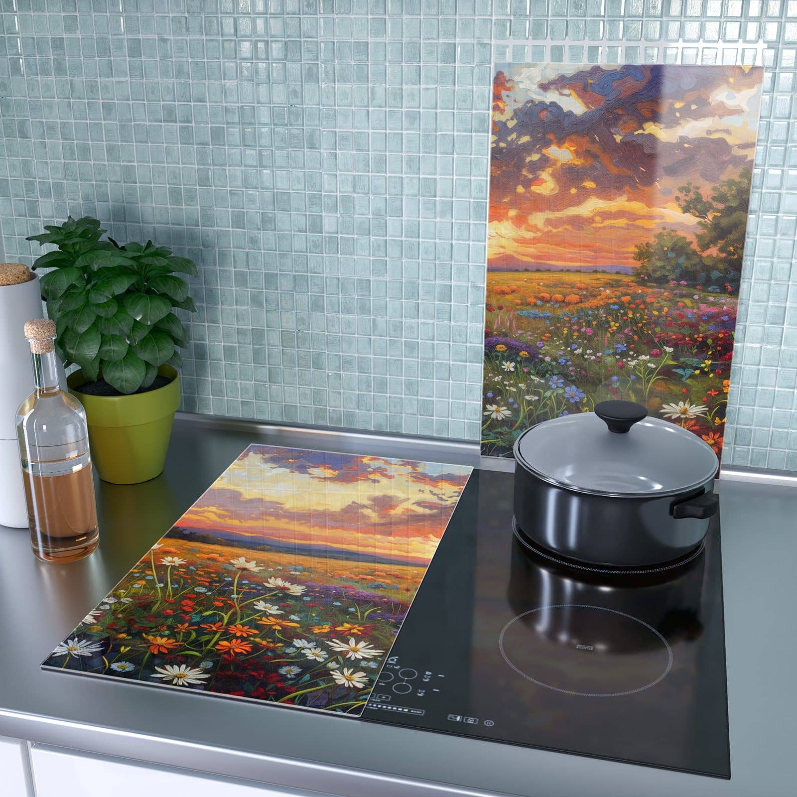 2-teilige Herdabdeckung mit Blumenwiese Sonnenuntergang-Motiv als Spritzschutz hinter dem Kochfeld