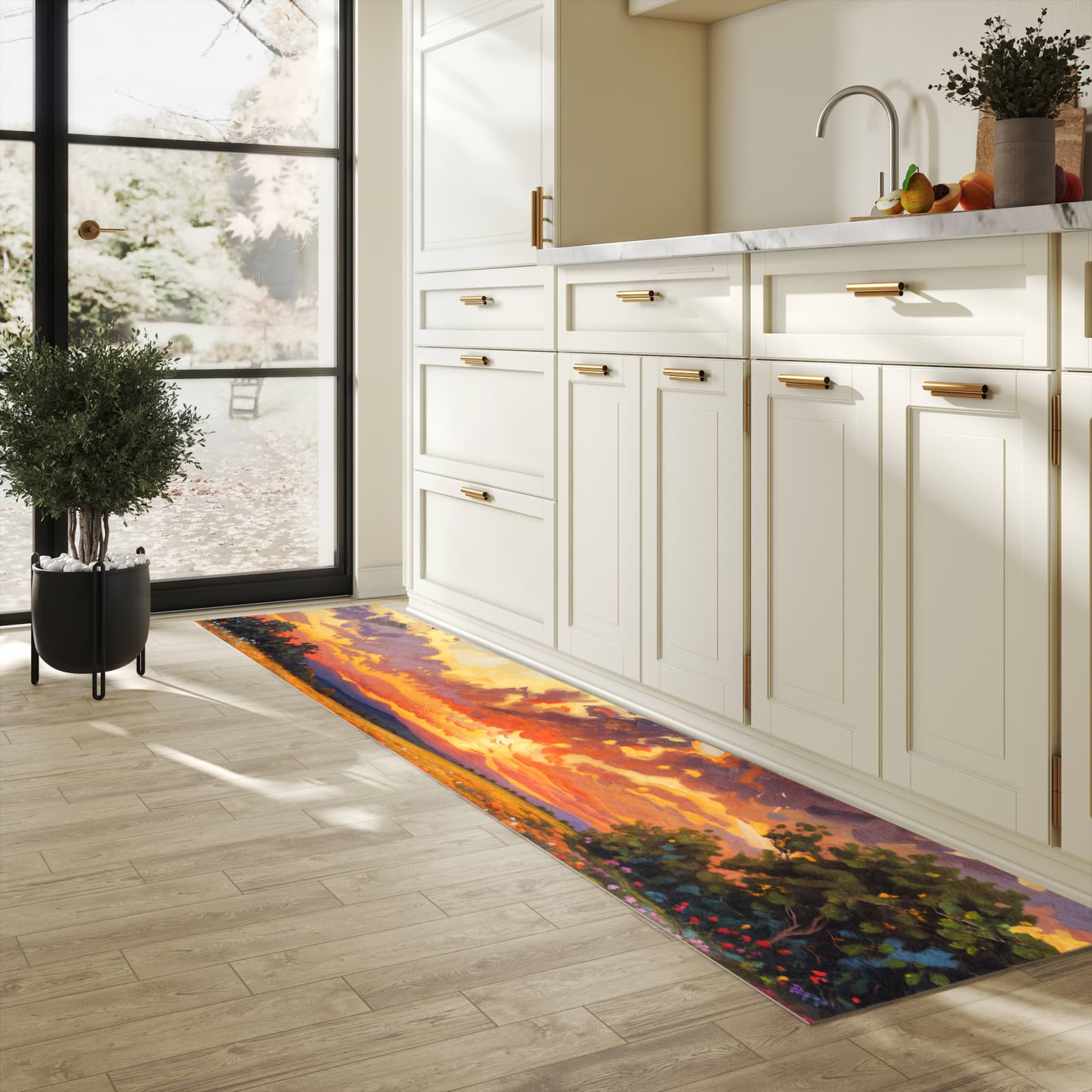 Fleckenresistenter Küchenläufer mit Motiv Blumenwiese Sonnenuntergang in heller Küche