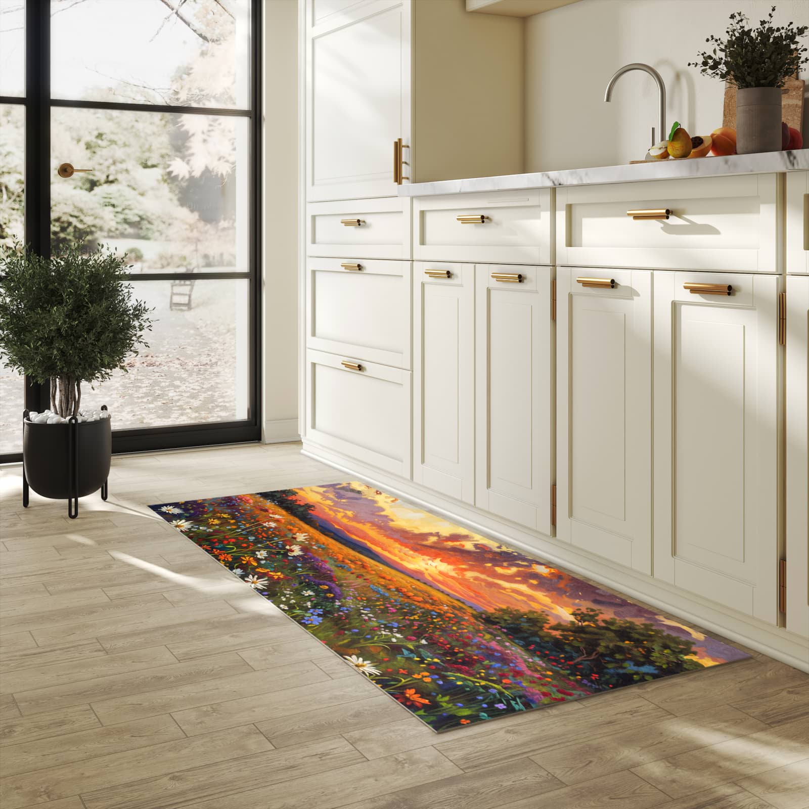 Geruchsneutraler rutschfester Küchenläufer mit Motiv Blumenwiese Sonnenuntergang in heller Küche