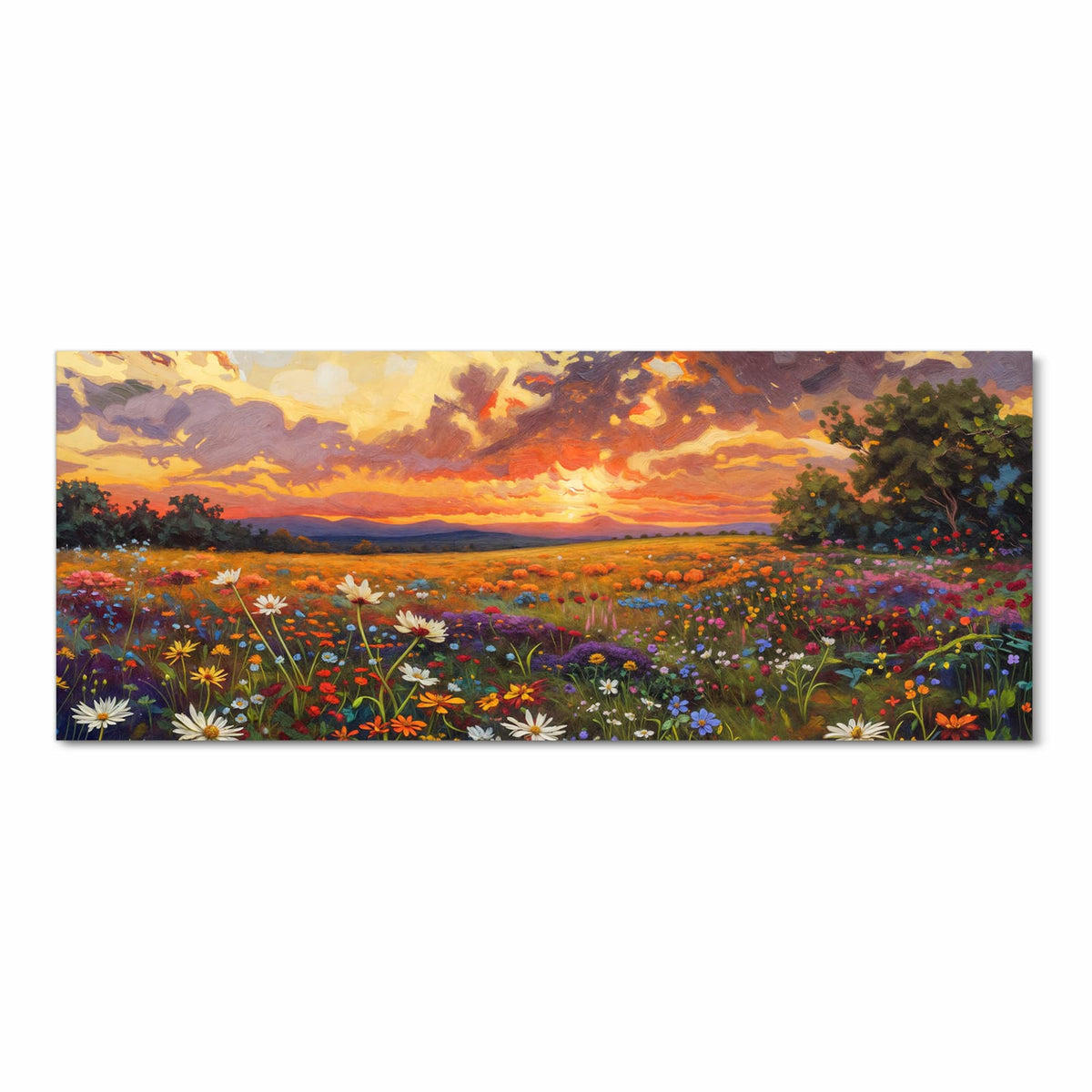 Gemalte Wildblumenwiese unter dramatischem Abendhimmel mit orangen Wolken.