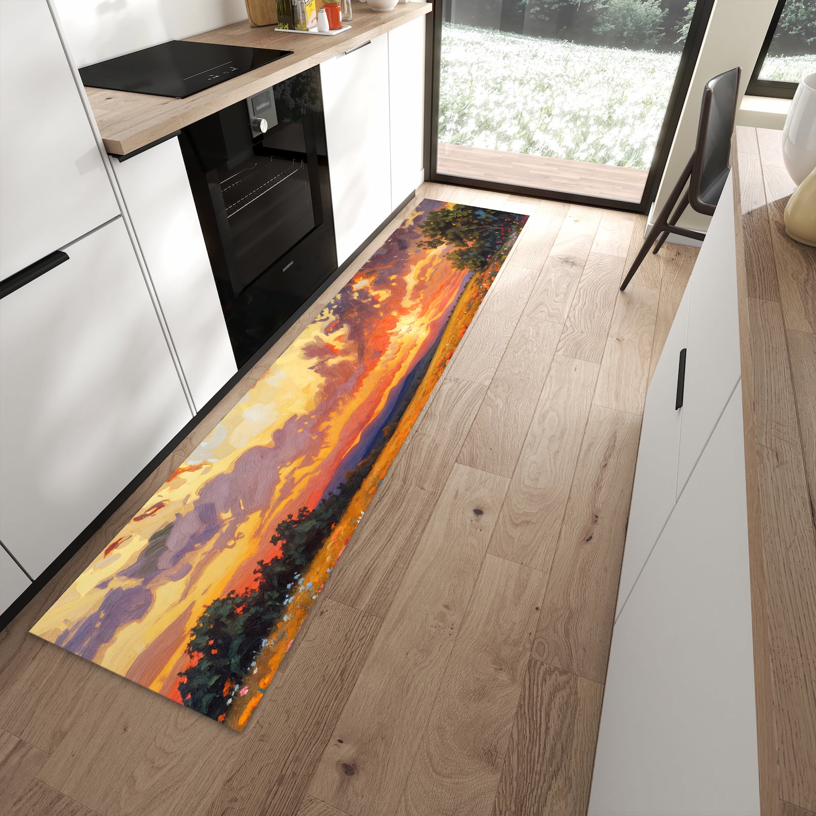 Hygienischer Küchenläufer mit Motiv Blumenwiese Sonnenuntergang in moderner Küche