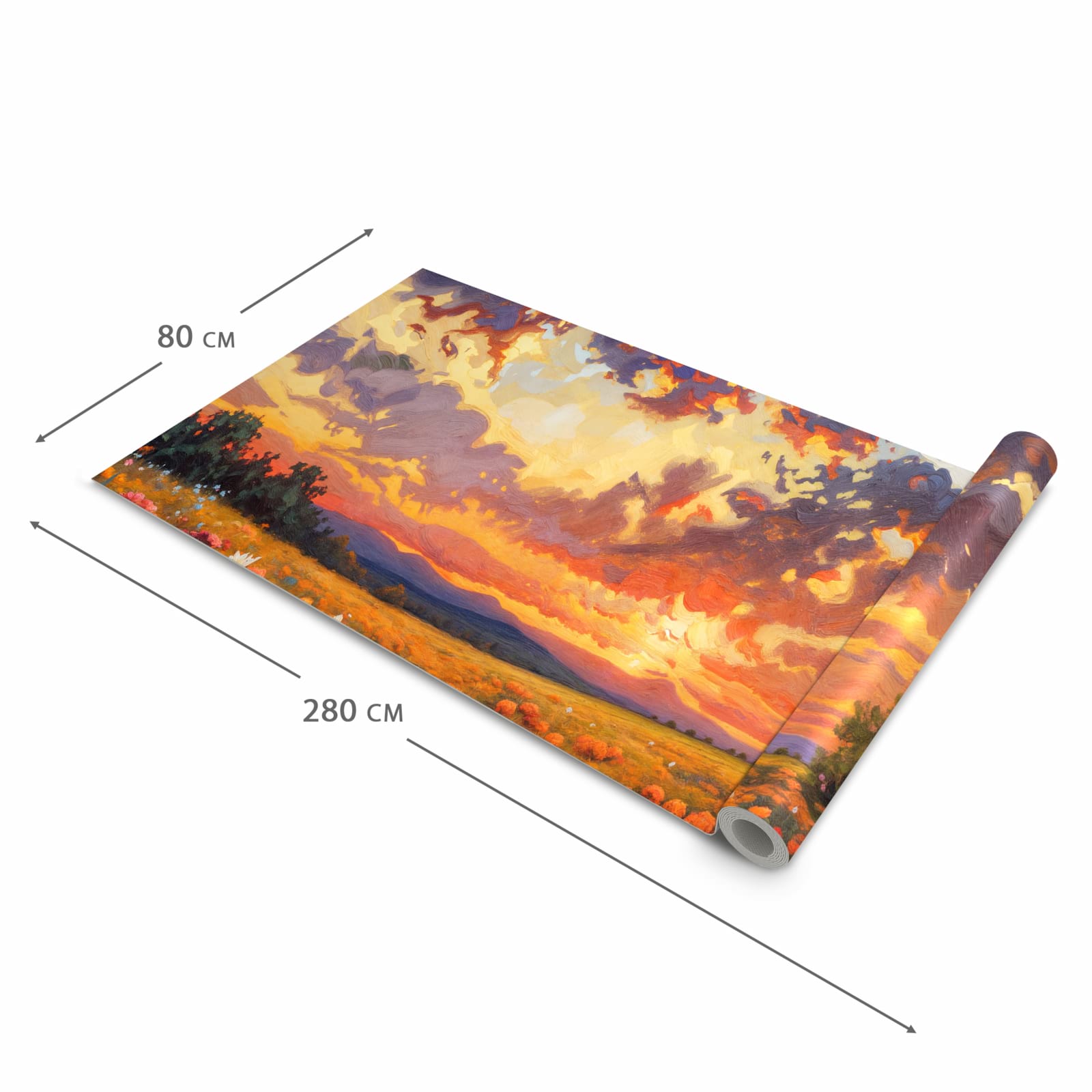 Bodenschonender Küchenteppich mit Motiv Blumenwiese Sonnenuntergang in der Grösse 80x280 cm