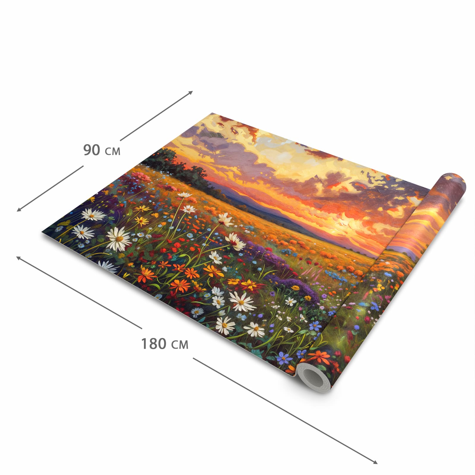 Bodenschonender Küchenteppich mit Motiv Blumenwiese Sonnenuntergang in der Grösse 80x280 cm