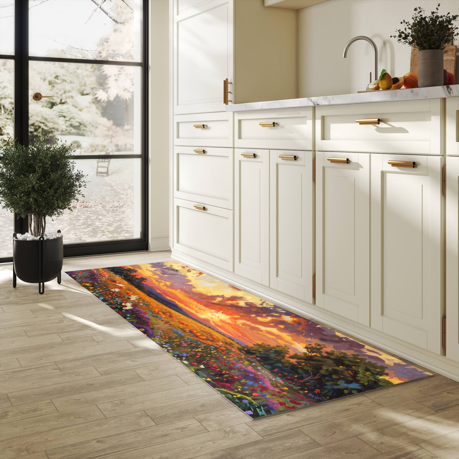 Langlebiger waschbarer Küchenläufer mit Motiv Blumenwiese Sonnenuntergang in heller Küche