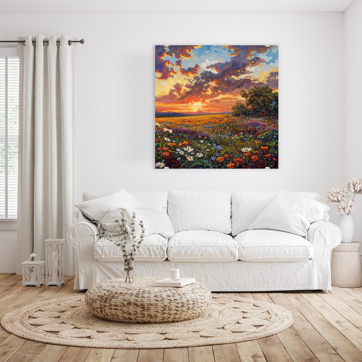 Glasbild Wildblumen im Abendrot an der Wand – Gemalte Wildblumenwiese unter dramatischem Abendhimmel mit orangen Wolken.