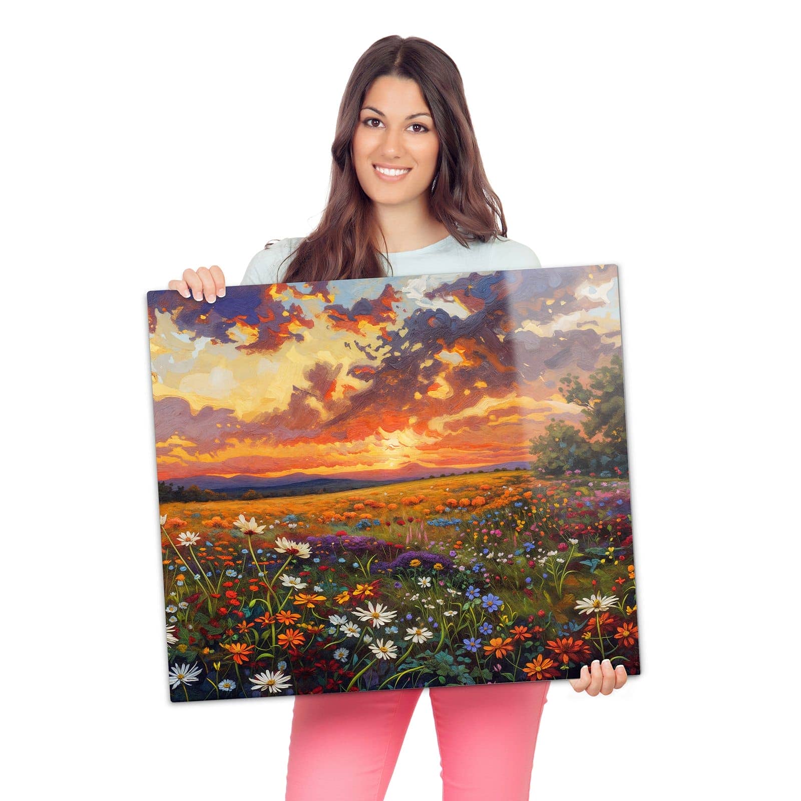 Abdeckung für Herdplatten mit Blumenwiese Sonnenuntergang-Motiv wird zur Größendarstellung gehalten