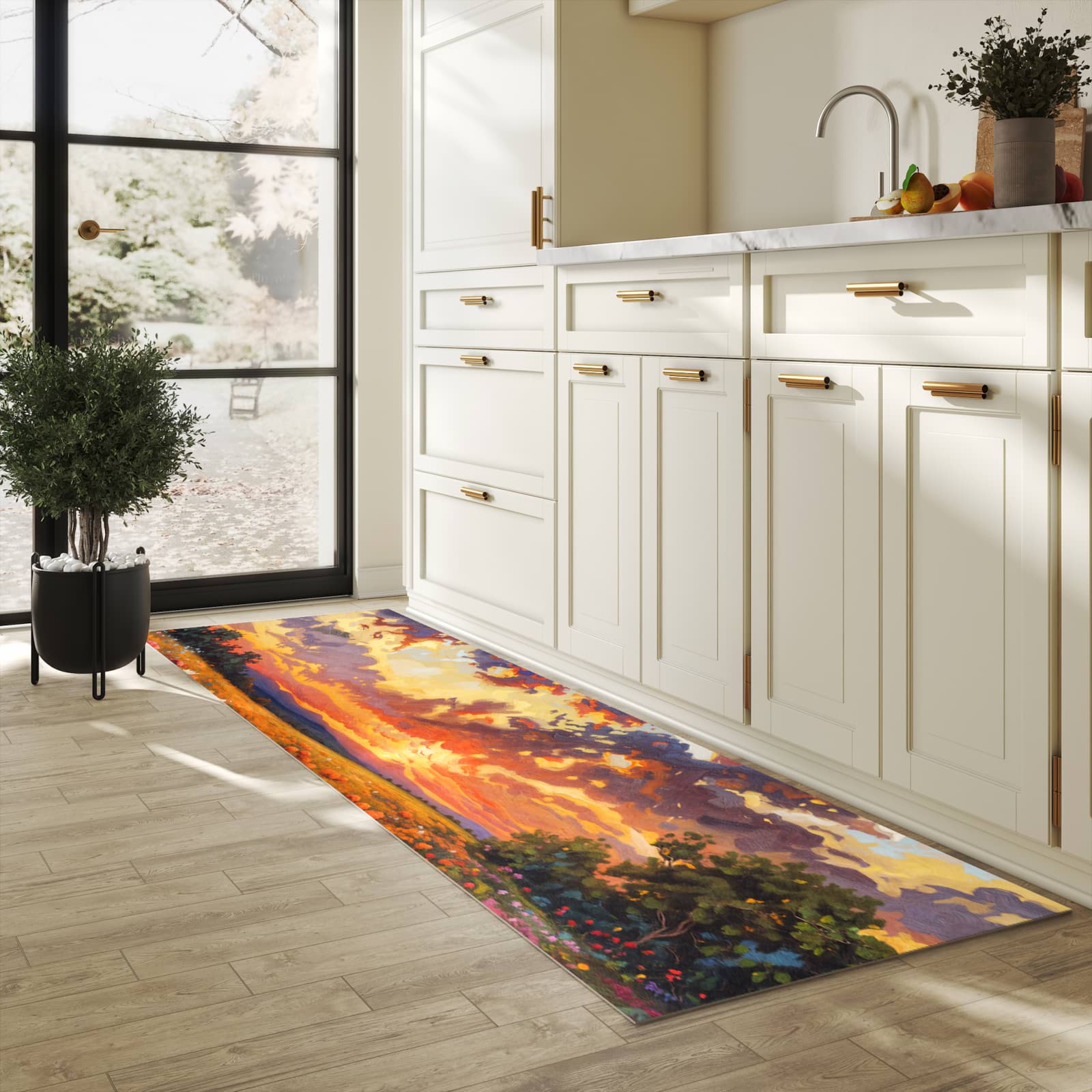 Flacher rutschfester Küchenläufer mit Motiv Blumenwiese Sonnenuntergang in heller Küche