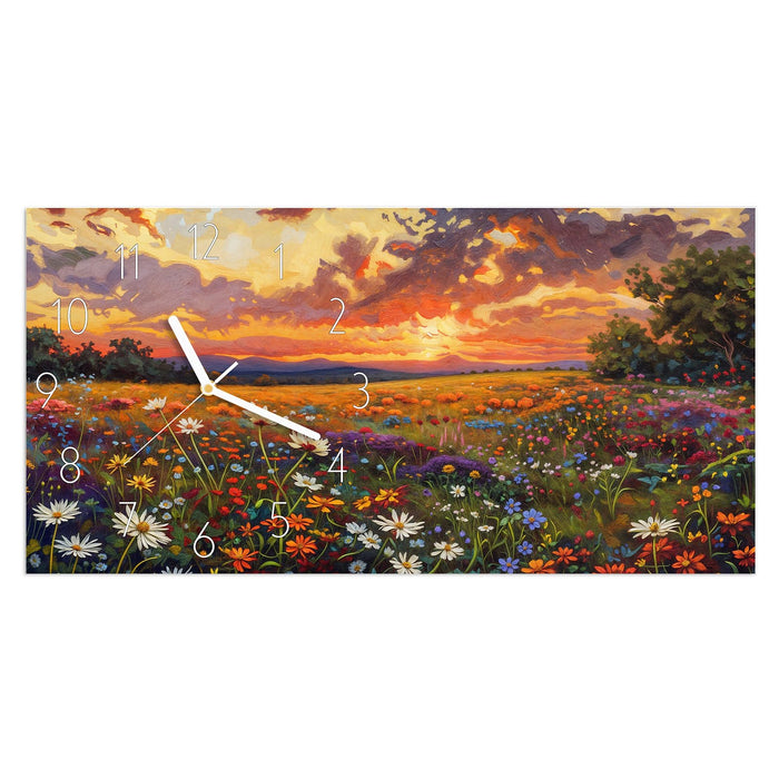 Wanduhr Blumenwiese Sonnenuntergang aus Glas – Querformat 60 × 30 cm mit Ziffernblatt Elegant