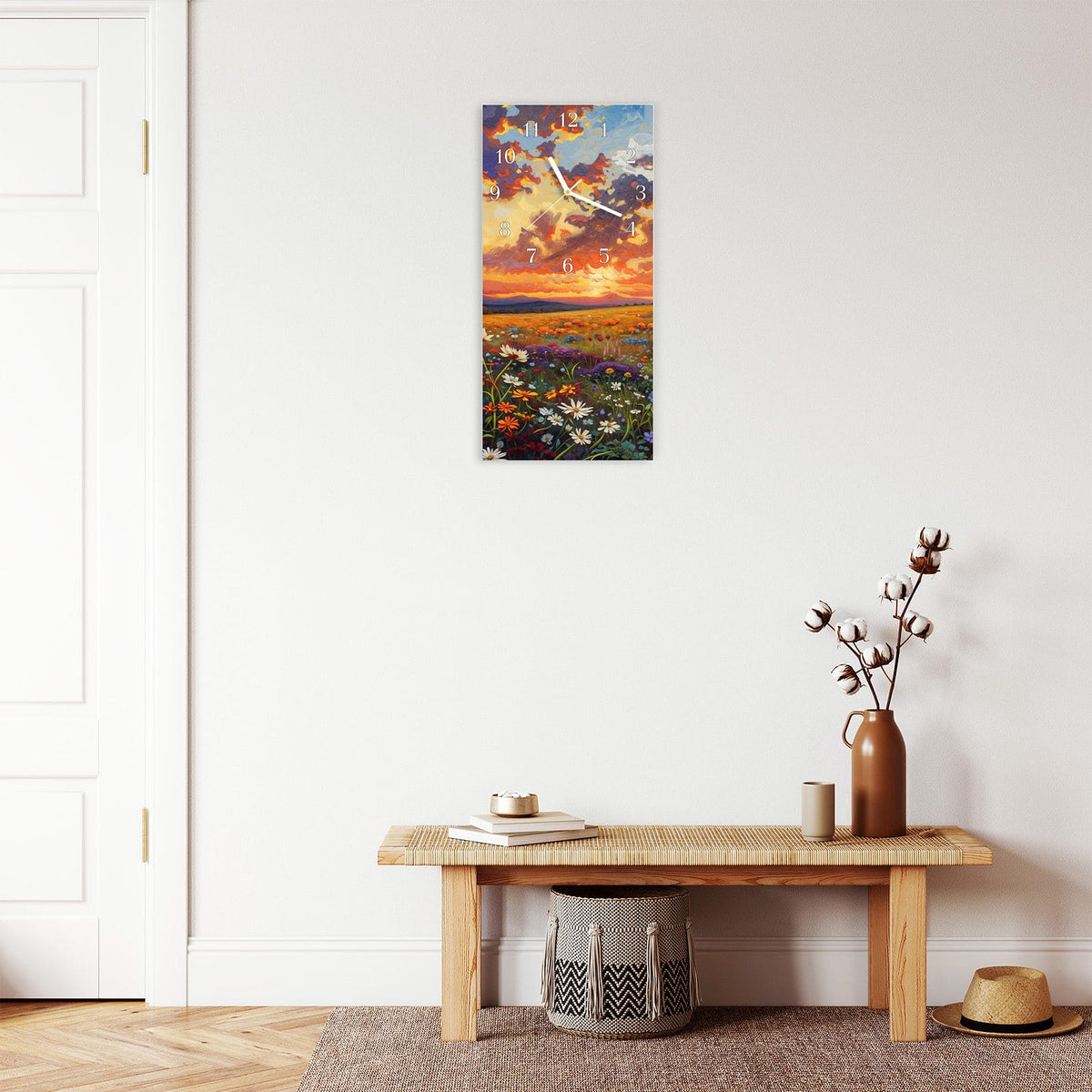 Moderne Wanduhr aus Glas mit Farbtiefe – Wanduhr Blumenwiese Sonnenuntergang aus Glas – Hochformat 30 × 60 cm