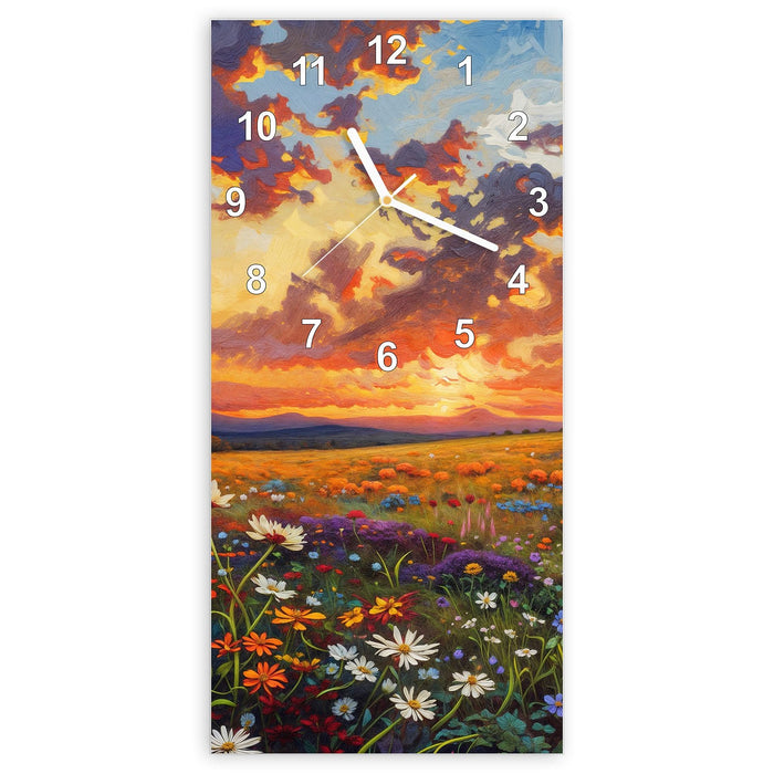 Wanduhr Blumenwiese Sonnenuntergang aus Glas – Hochformat 30 × 60 cm mit Ziffernblatt Modern