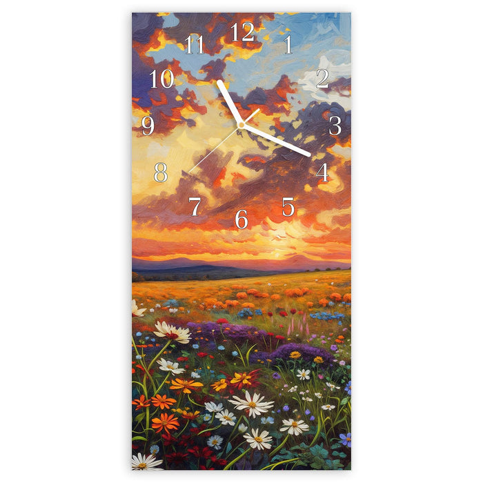 Wanduhr Blumenwiese Sonnenuntergang aus Glas – Hochformat 30 × 60 cm mit Ziffernblatt Klassisch