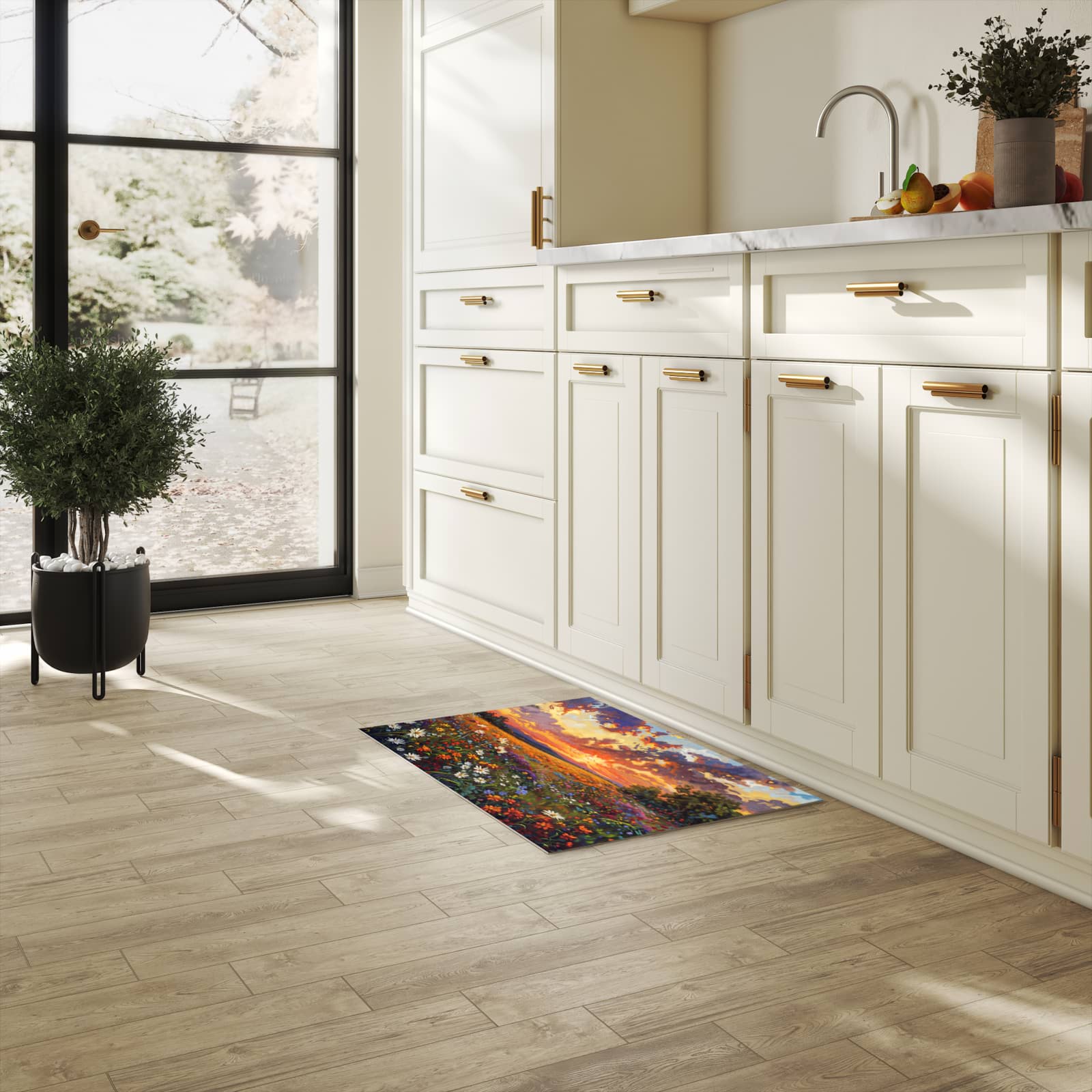 Schmutzabweisender rutschfester Küchenläufer mit Motiv Blumenwiese Sonnenuntergang in heller Küche