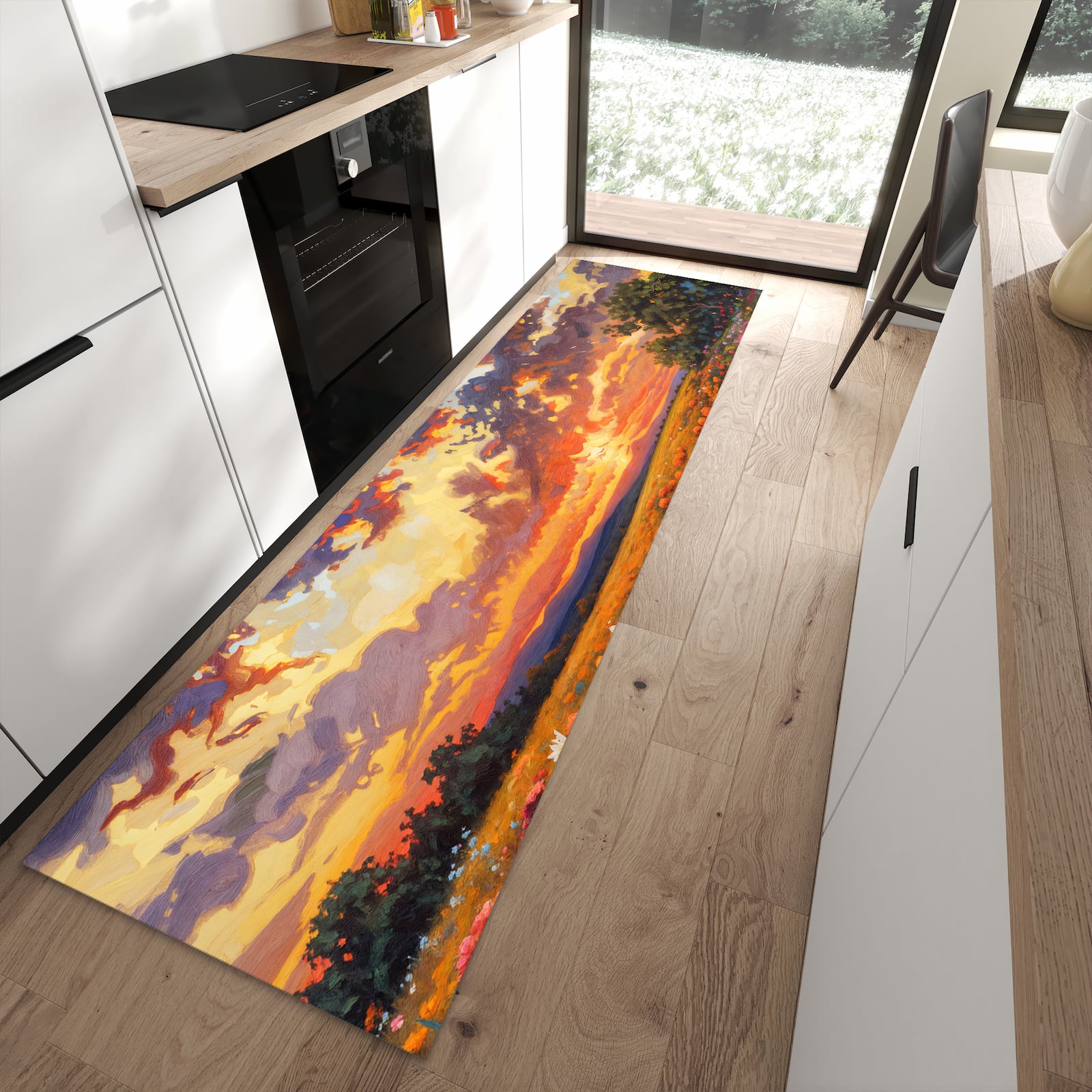 Feuchtigkeitsresistenter waschbarer Küchenläufer mit Motiv Blumenwiese Sonnenuntergang in moderner Küche