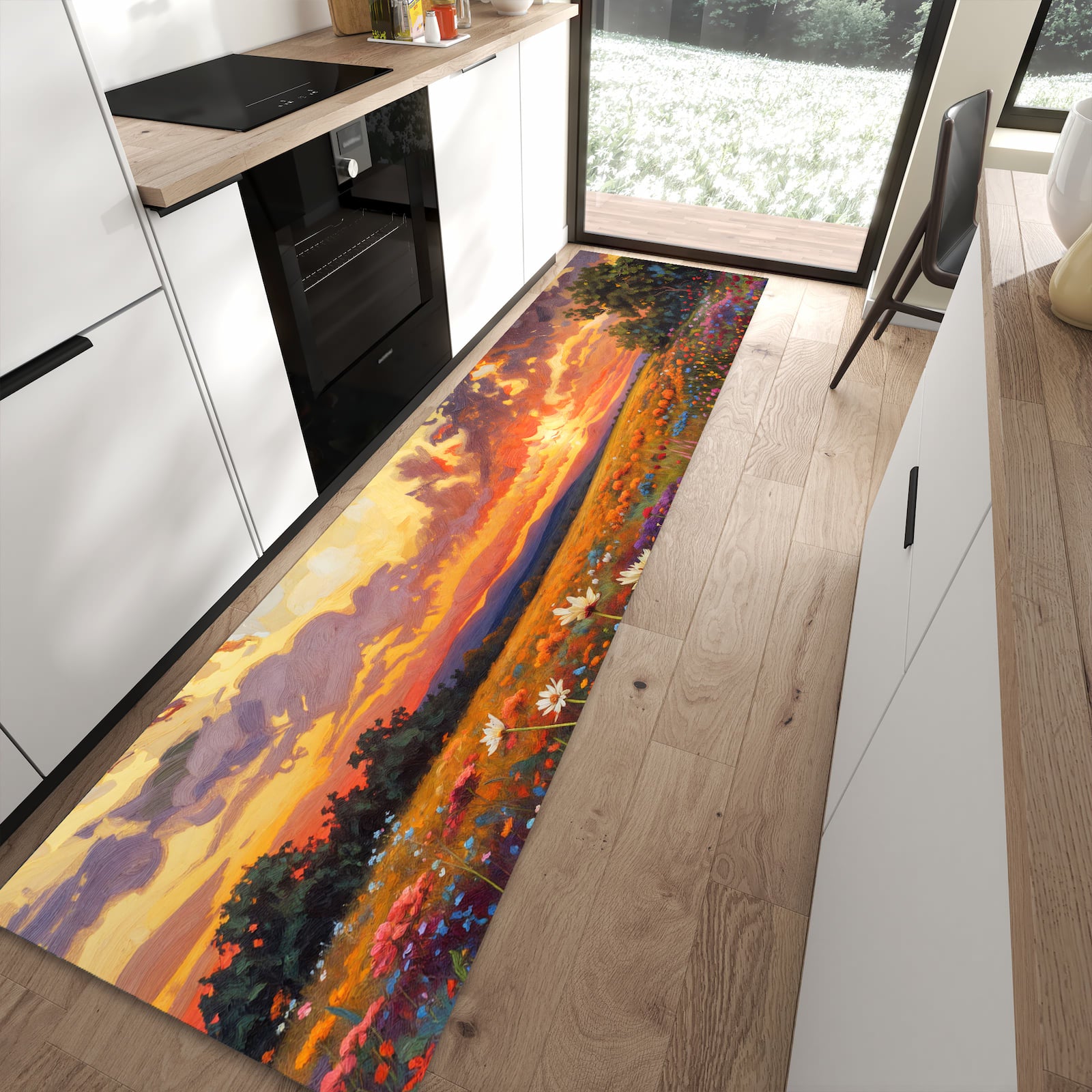 Bodenschonender rutschfester Küchenläufer mit Motiv Blumenwiese Sonnenuntergang in moderner Küche