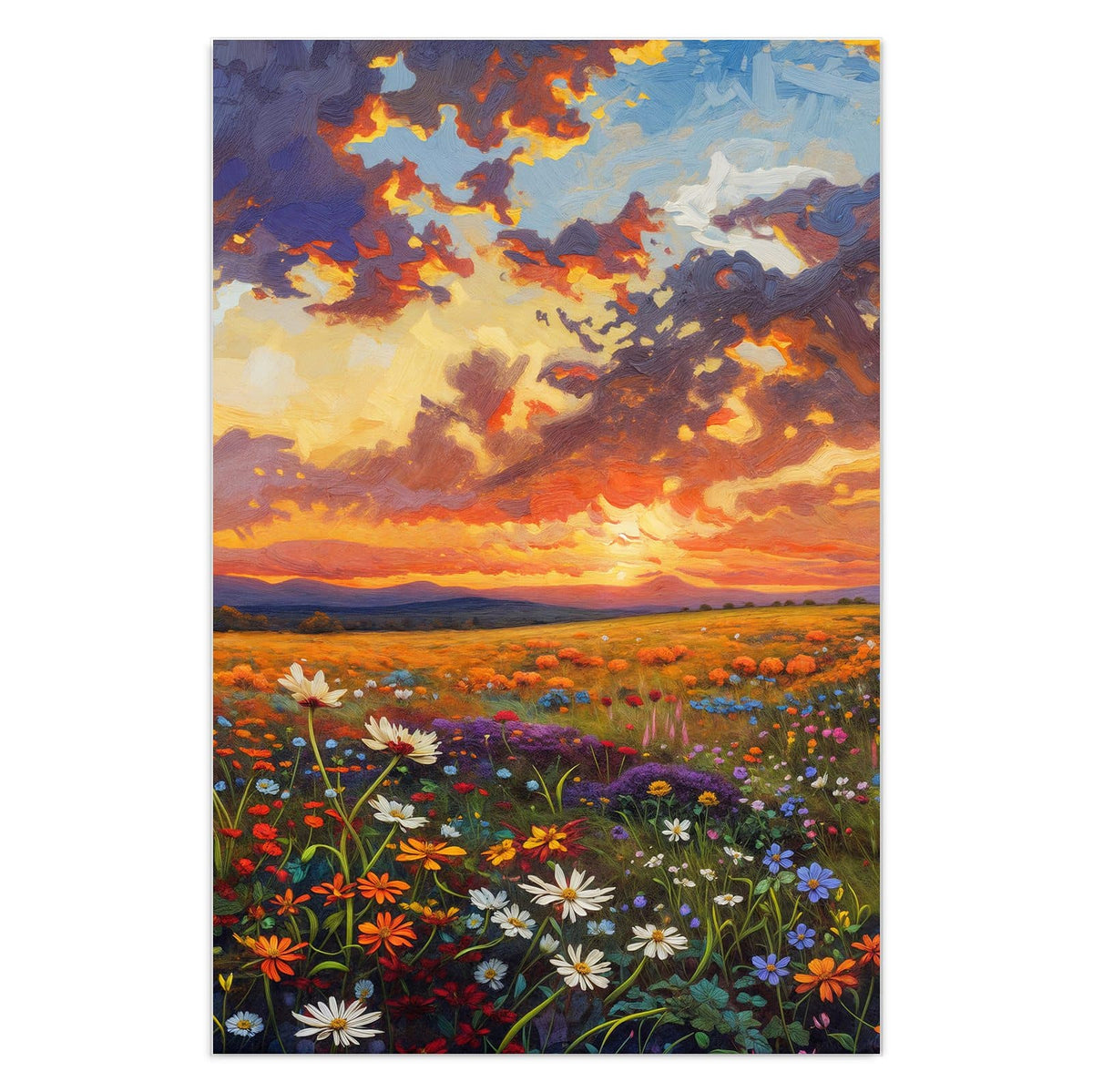 Gemalte Wildblumenwiese unter dramatischem Abendhimmel mit orangen Wolken.