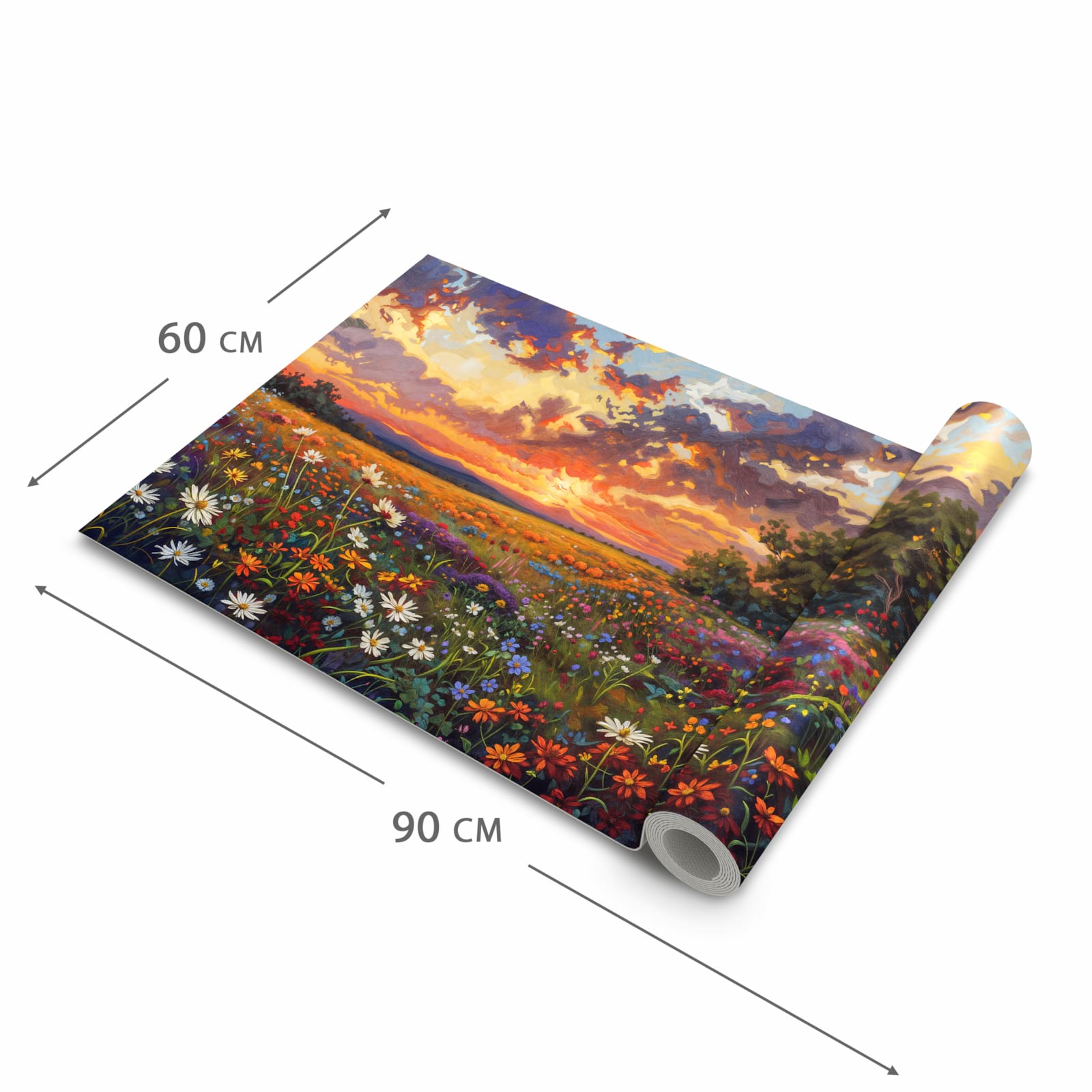 Langlebiger Teppich für Küche mit Motiv Blumenwiese Sonnenuntergang in der Grösse 80x280 cm