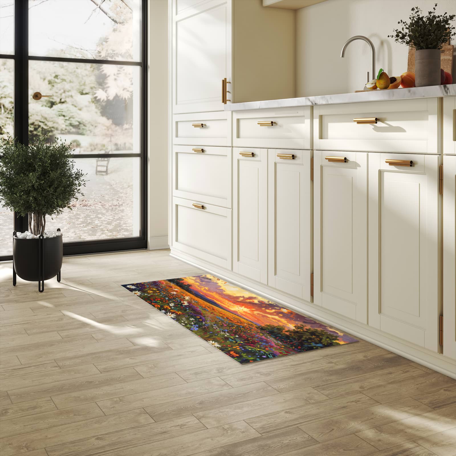 Abriebfester Küchenteppich mit Motiv Blumenwiese Sonnenuntergang in heller Küche