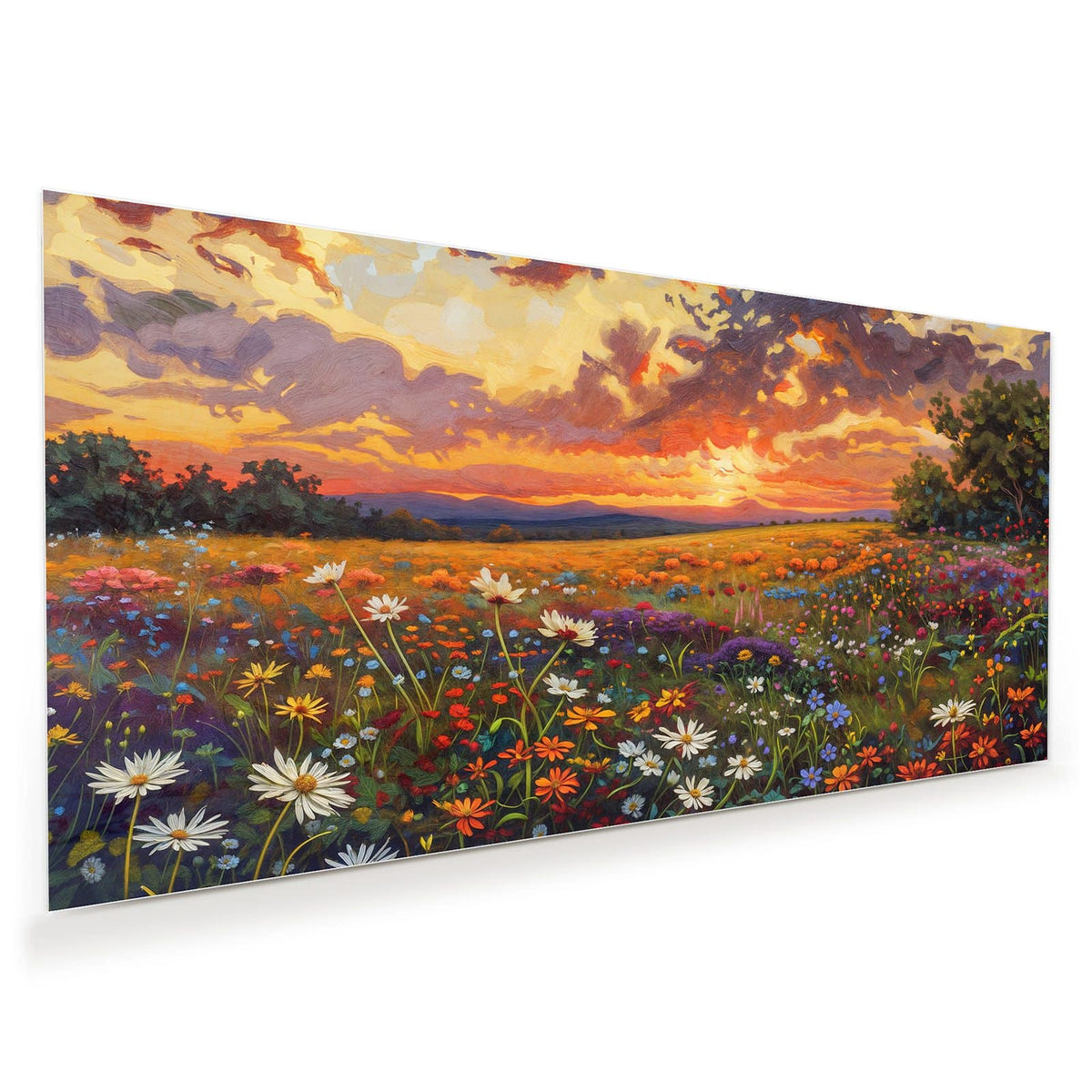 Gemalte Wildblumenwiese unter dramatischem Abendhimmel mit orangen Wolken.