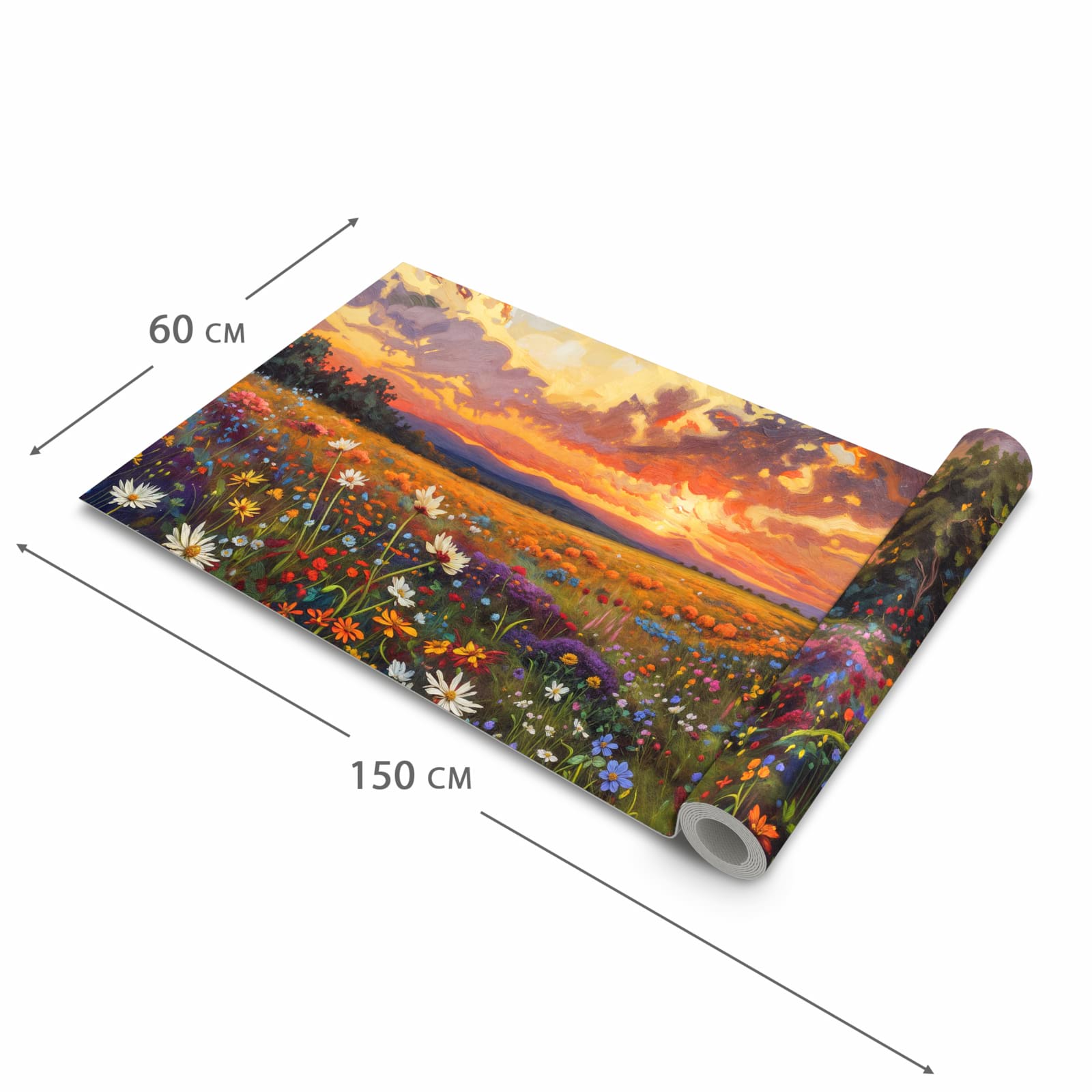 Pflegeleichter moderner Küchenläufer mit Motiv Blumenwiese Sonnenuntergang in der Grösse 80x280 cm