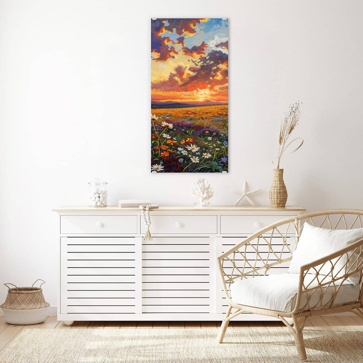 Glasbild Wildblumen im Abendrot an der Wand – Gemalte Wildblumenwiese unter dramatischem Abendhimmel mit orangen Wolken.