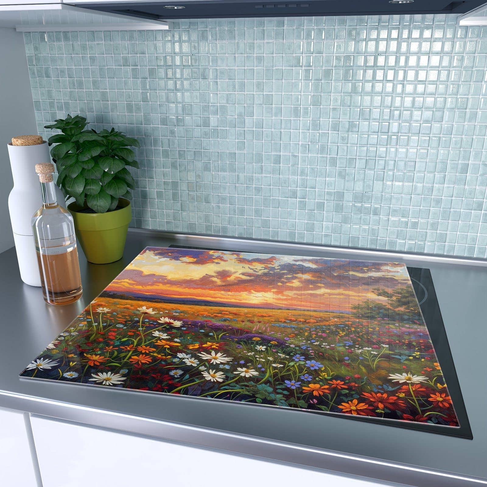 1-teilige Herdabdeckung aus Glas mit Blumenwiese Sonnenuntergang-Motiv auf dem Ceranfeld