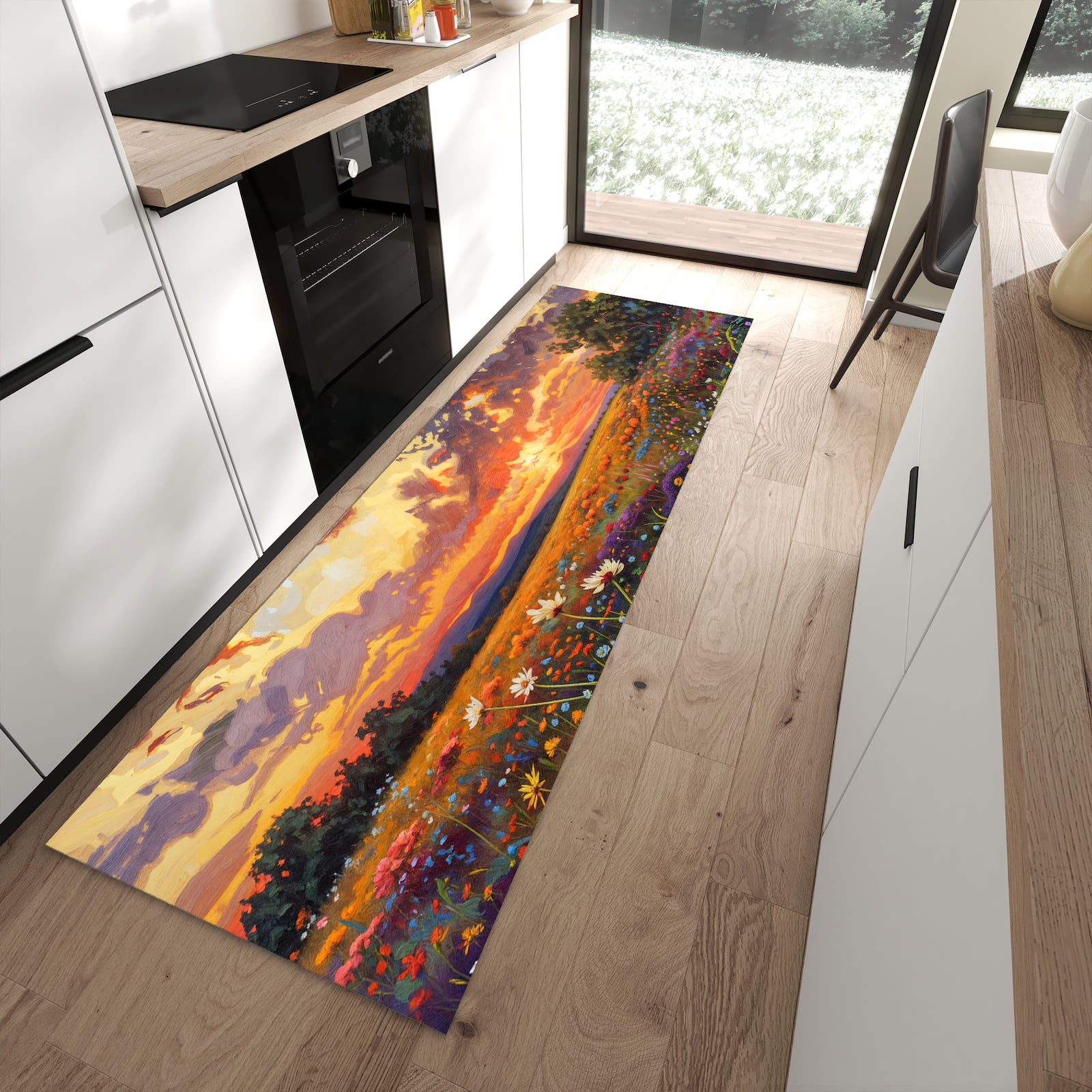 Rutschfester Küchenläufer mit Motiv Blumenwiese Sonnenuntergang in moderner Küche