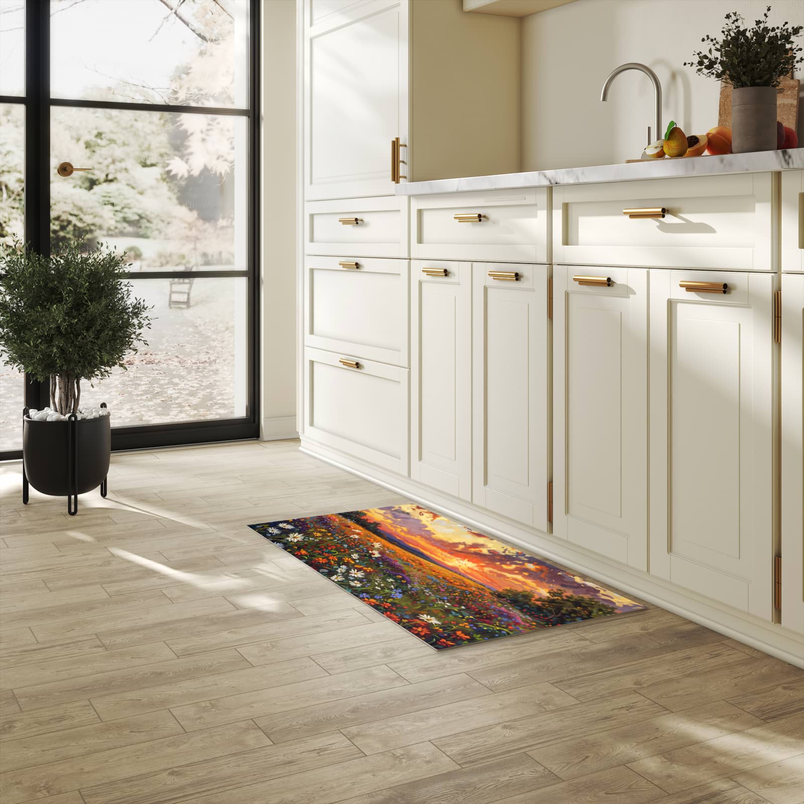 Geräuschdämpfender rutschfester Küchenteppich mit Motiv Blumenwiese Sonnenuntergang in heller Küche
