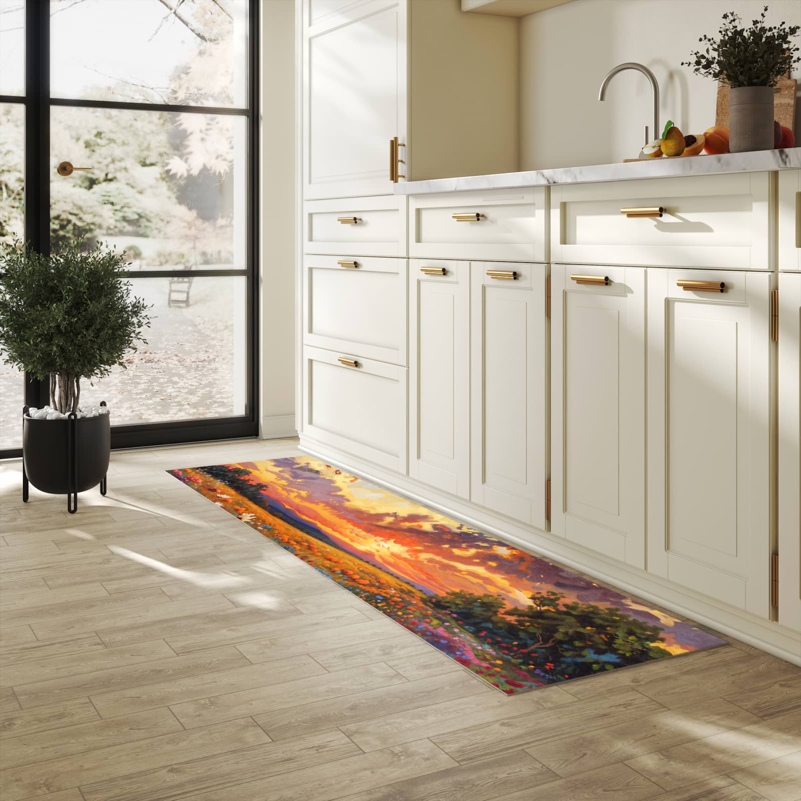 Komfortabler Küchenläufer mit Motiv Blumenwiese Sonnenuntergang in heller Küche