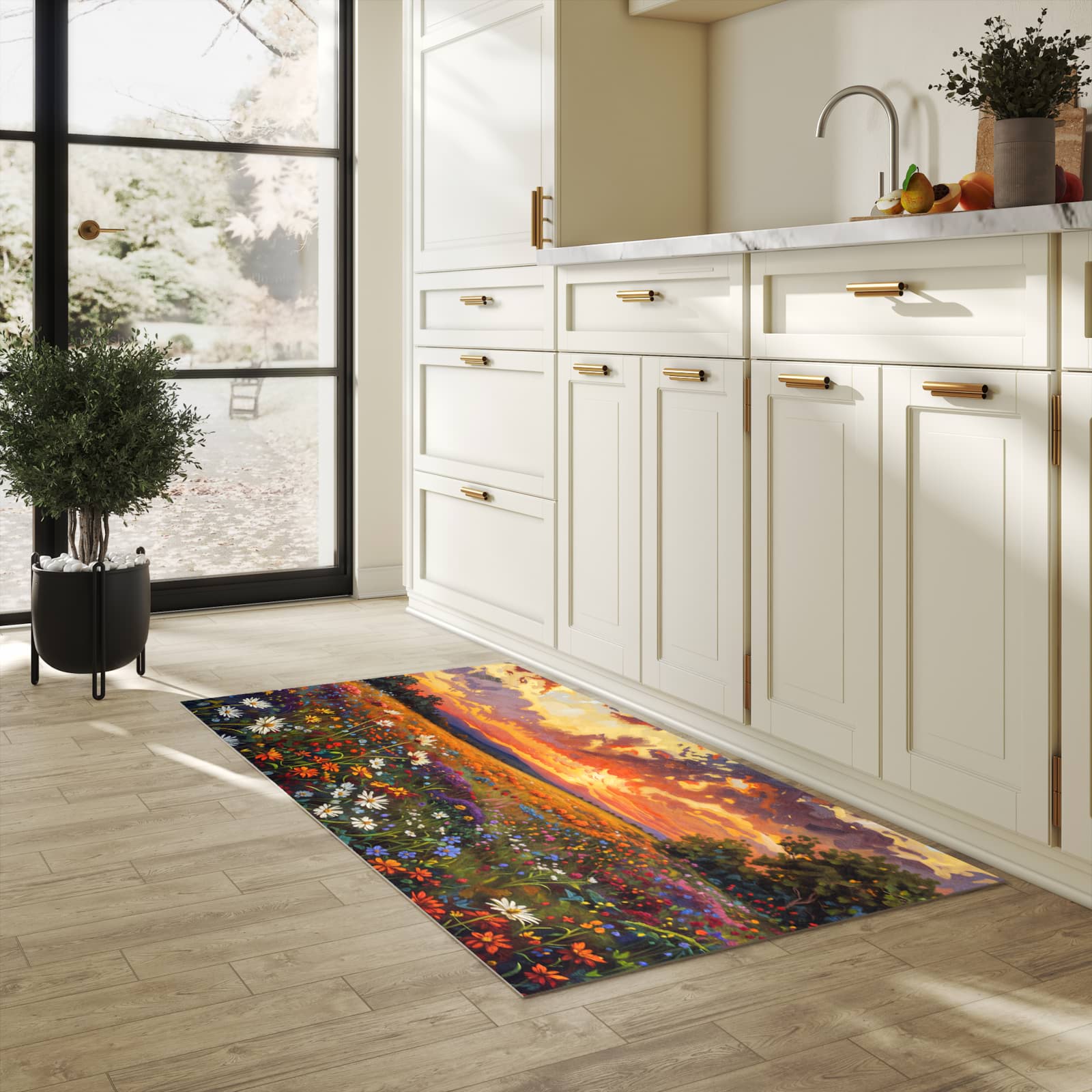 Komfortabler Küchenläufer nach Maß mit Motiv Blumenwiese Sonnenuntergang in heller Küche