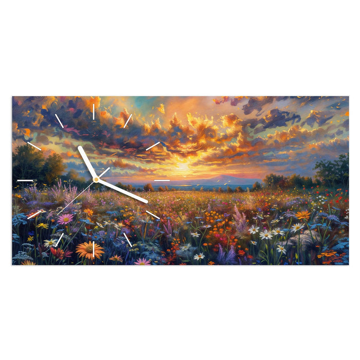Wanduhr Wildblumenwiese Abendrot aus Glas – Querformat 60 × 30 cm mit Ziffernblatt Linie