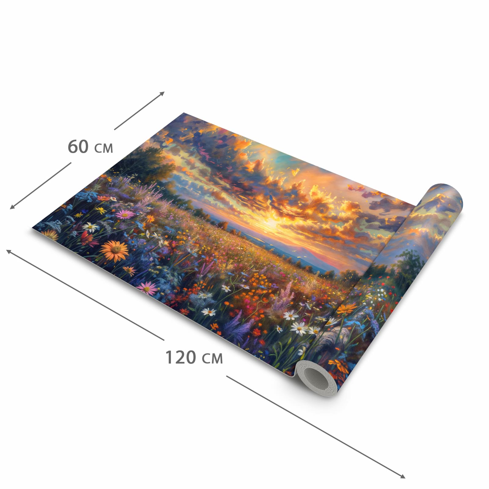 Zeitsparender großer Küchenteppich mit Motiv Sonnenuntergang von Blumenwiese in der Größe 80x280 cm