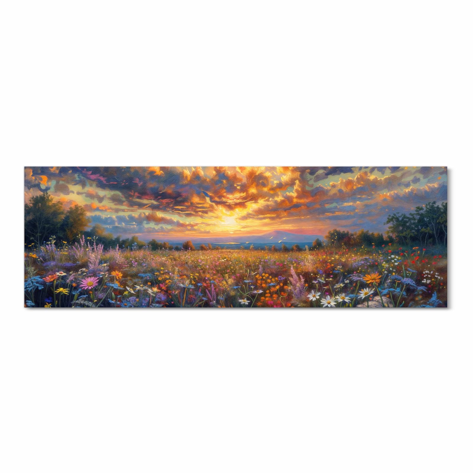 Küchenteppich mit Motiv Sonnenuntergang von Blumenwiese in Frontansicht für Ordnung & Übersicht