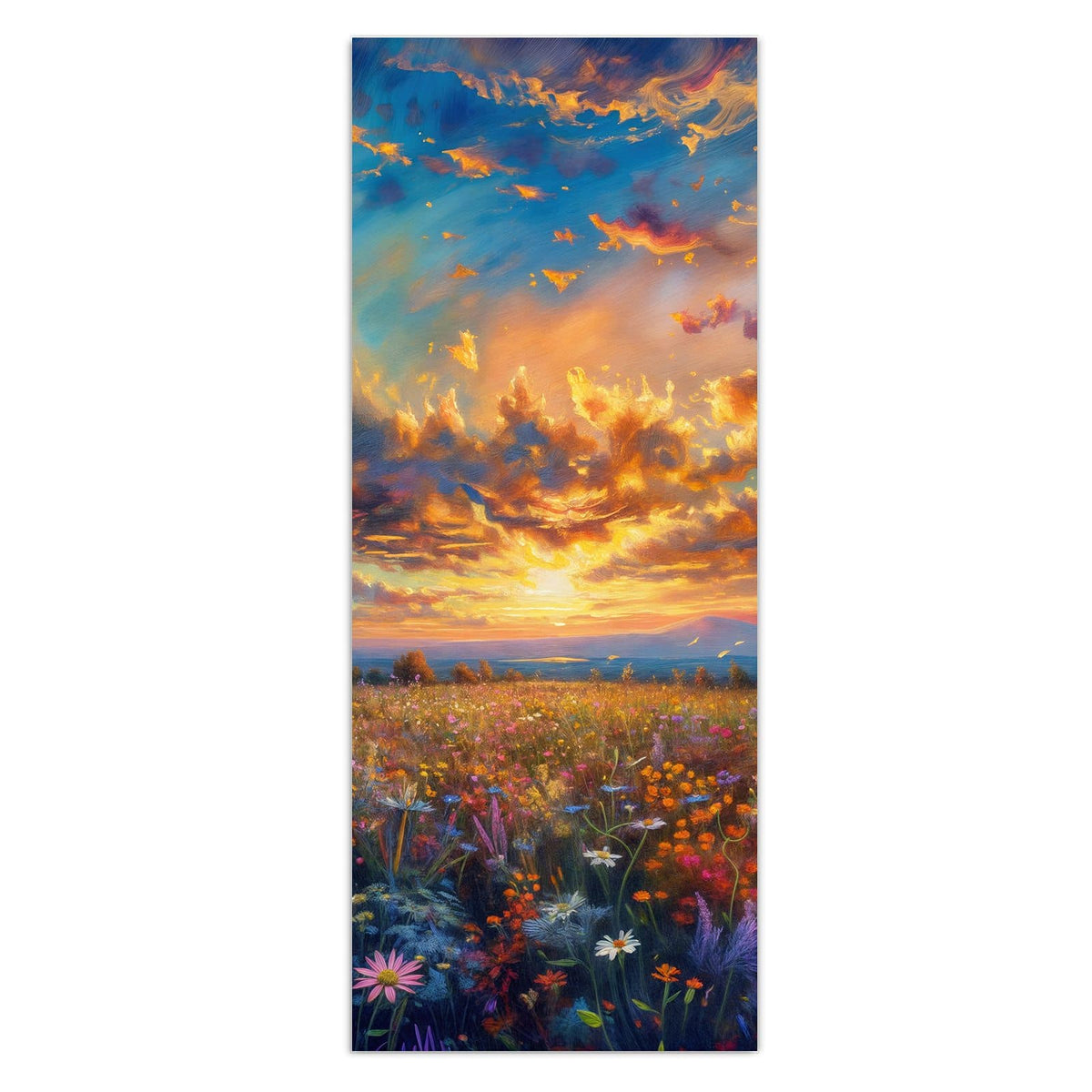 Gemalte Wildblumenwiese unter dramatisch aufgerissenem Abendhimmel, impressionistisch