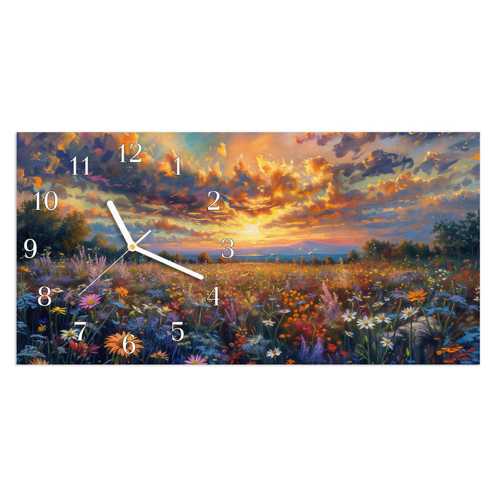 Wanduhr Wildblumenwiese Abendrot aus Glas – Querformat 60 × 30 cm mit Ziffernblatt Klassisch