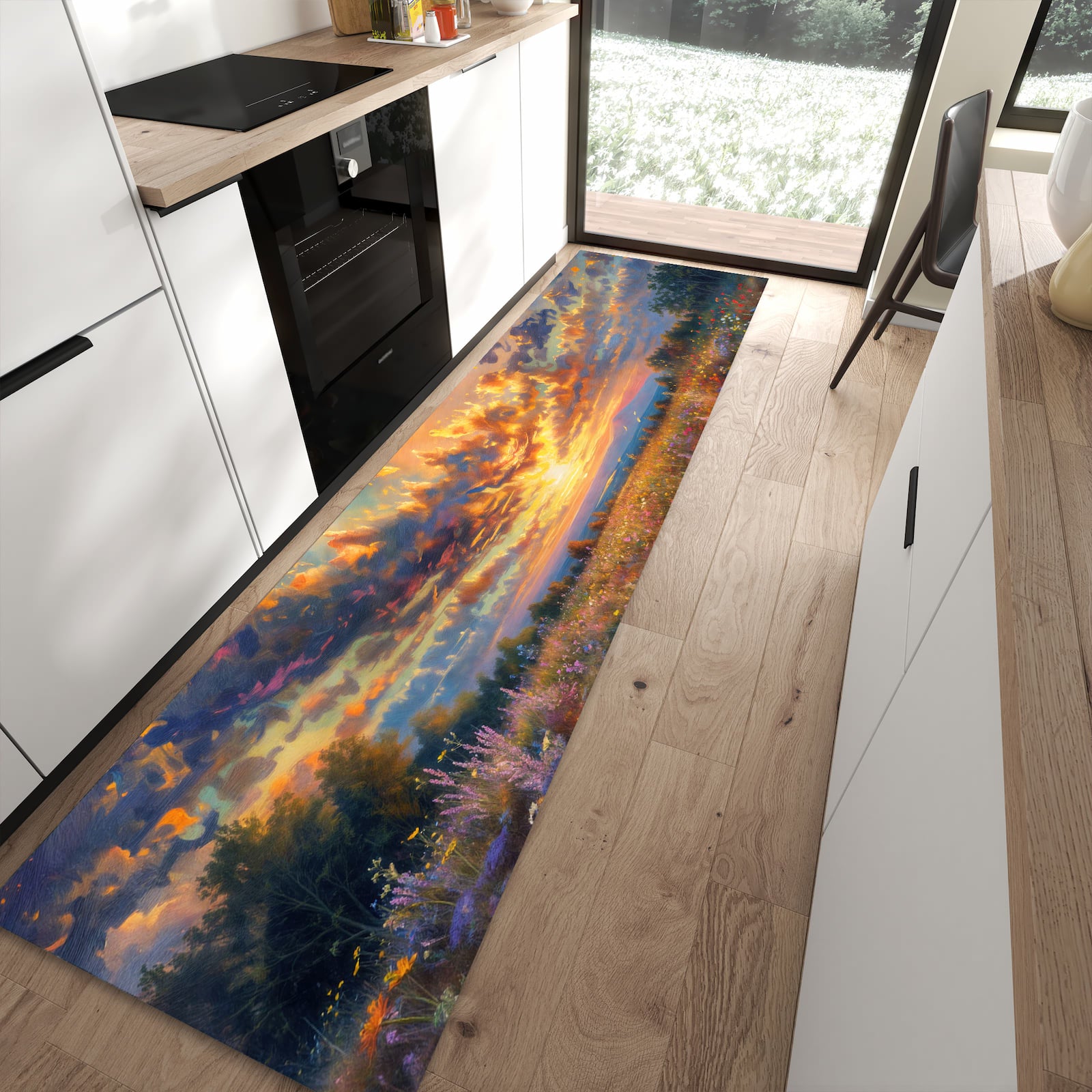 Langlebiger Küchenteppich mit Motiv Sonnenuntergang von Blumenwiese in moderner Küche