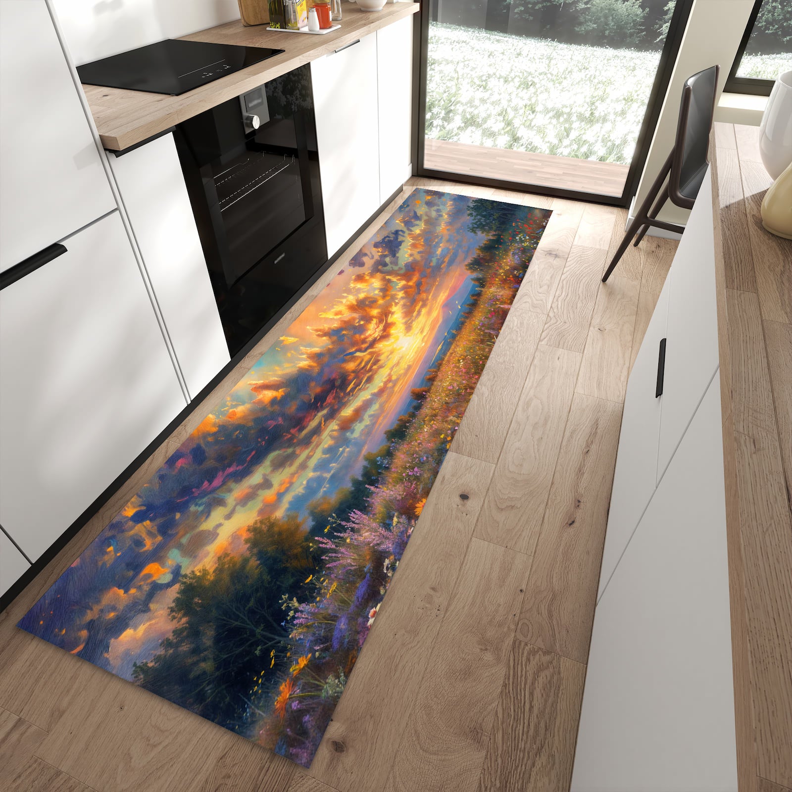 Geruchsneutraler rutschfester Küchenteppich mit Motiv Sonnenuntergang von Blumenwiese in moderner Küche