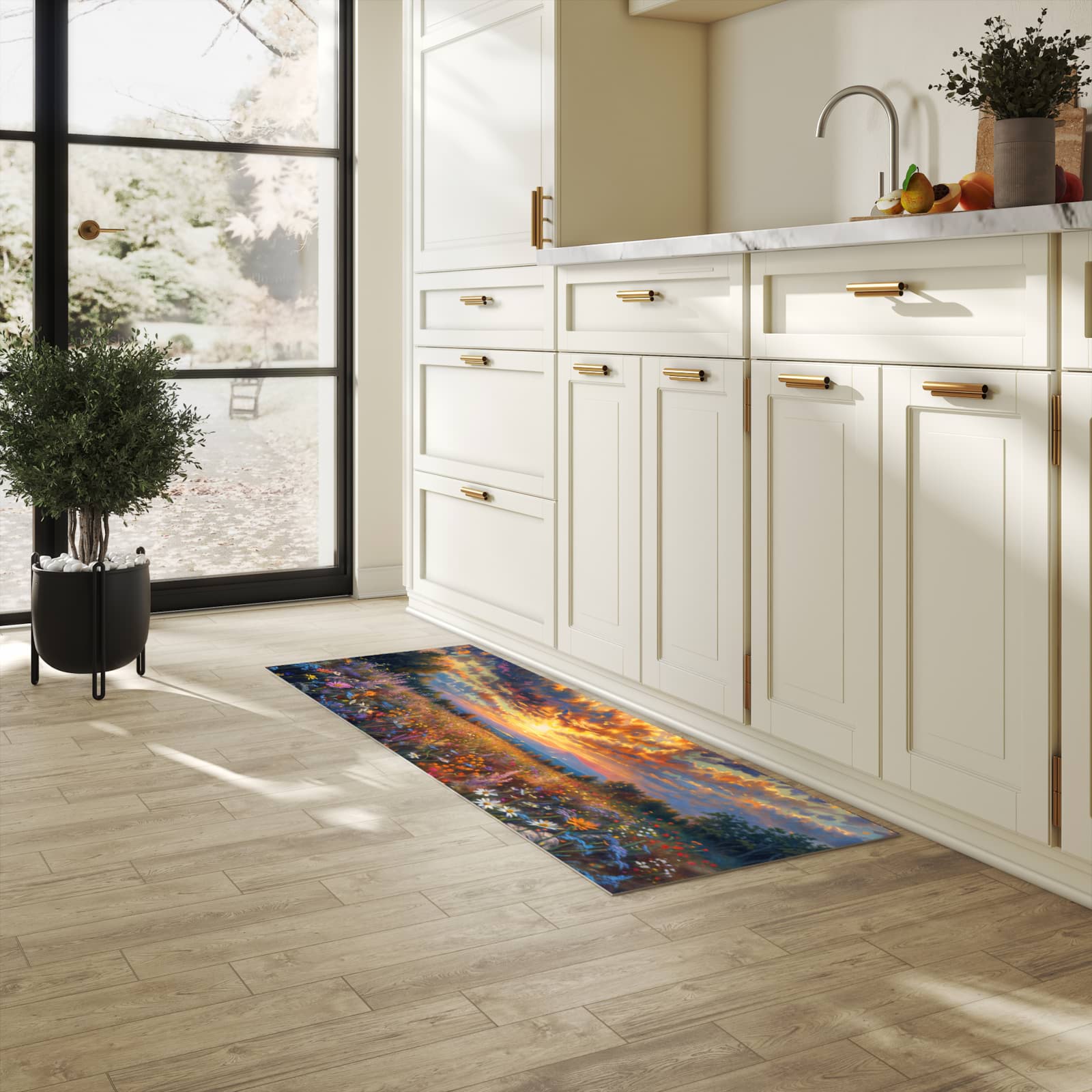 Waschbarer rutschfester Küchenteppich mit Motiv Sonnenuntergang von Blumenwiese in heller Küche