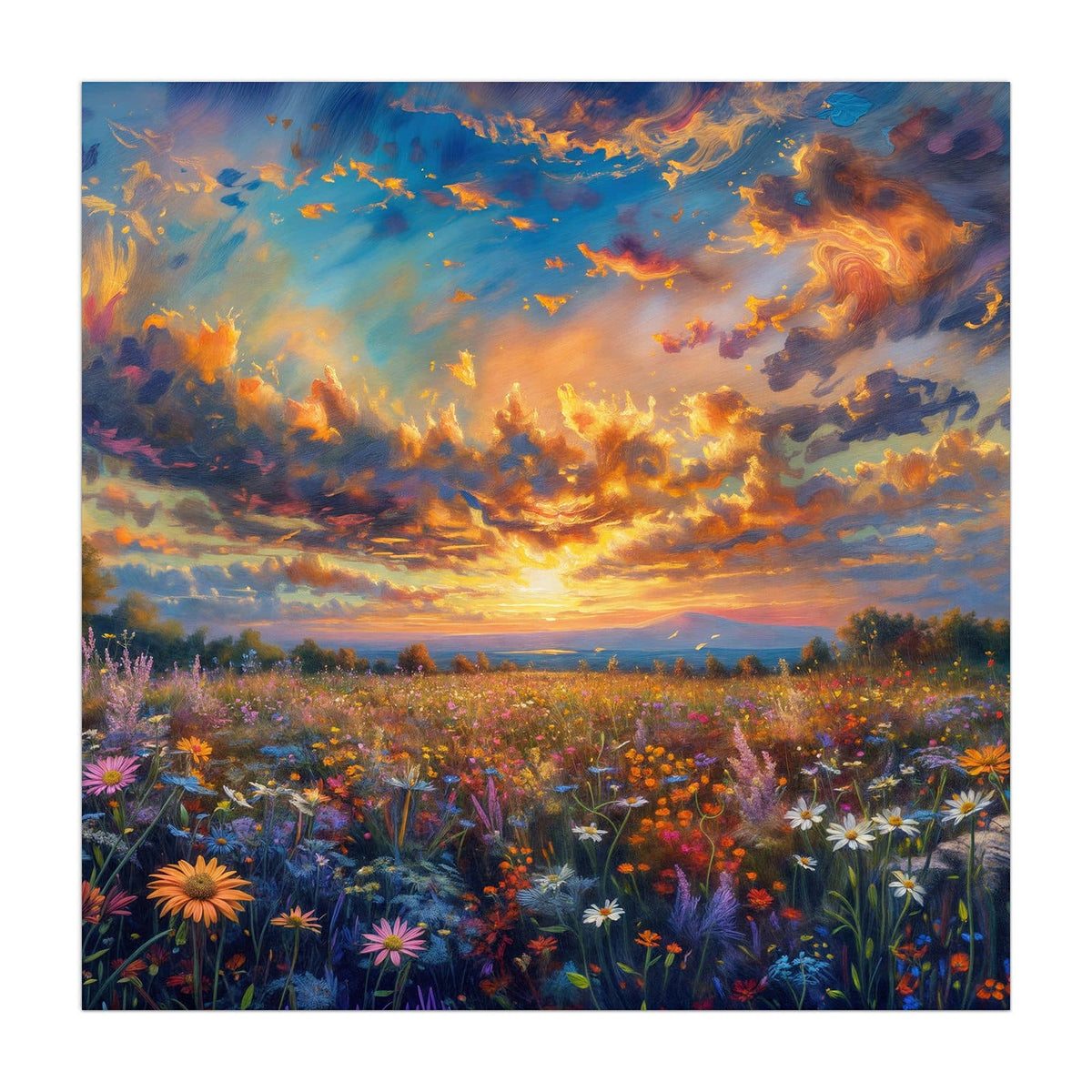 Gemalte Wildblumenwiese unter dramatisch aufgerissenem Abendhimmel, impressionistisch